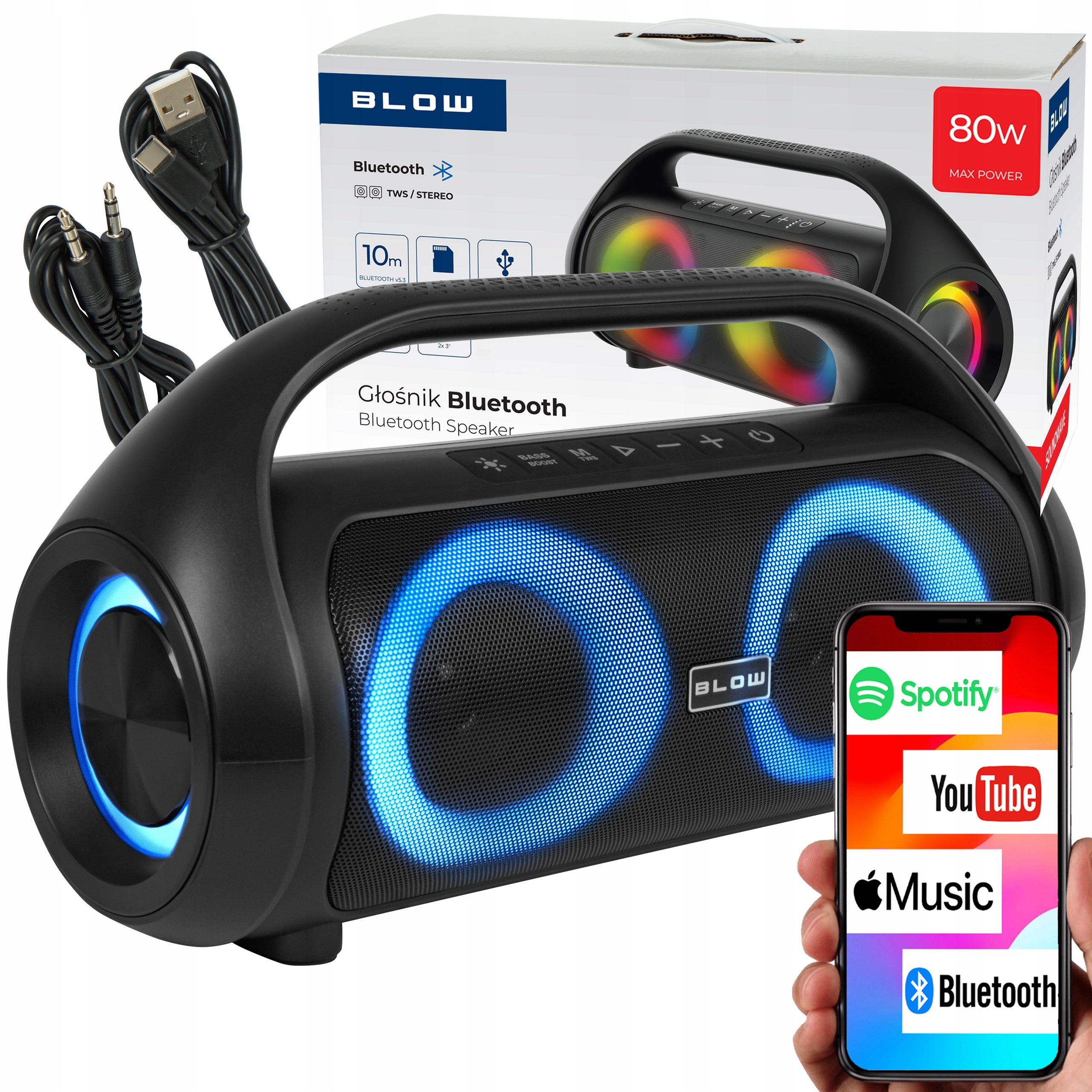 BLUETOOTH SPEAKER PORTABLE WIRELESS WATERPROOF IPX5 RADIO FM USB RGB