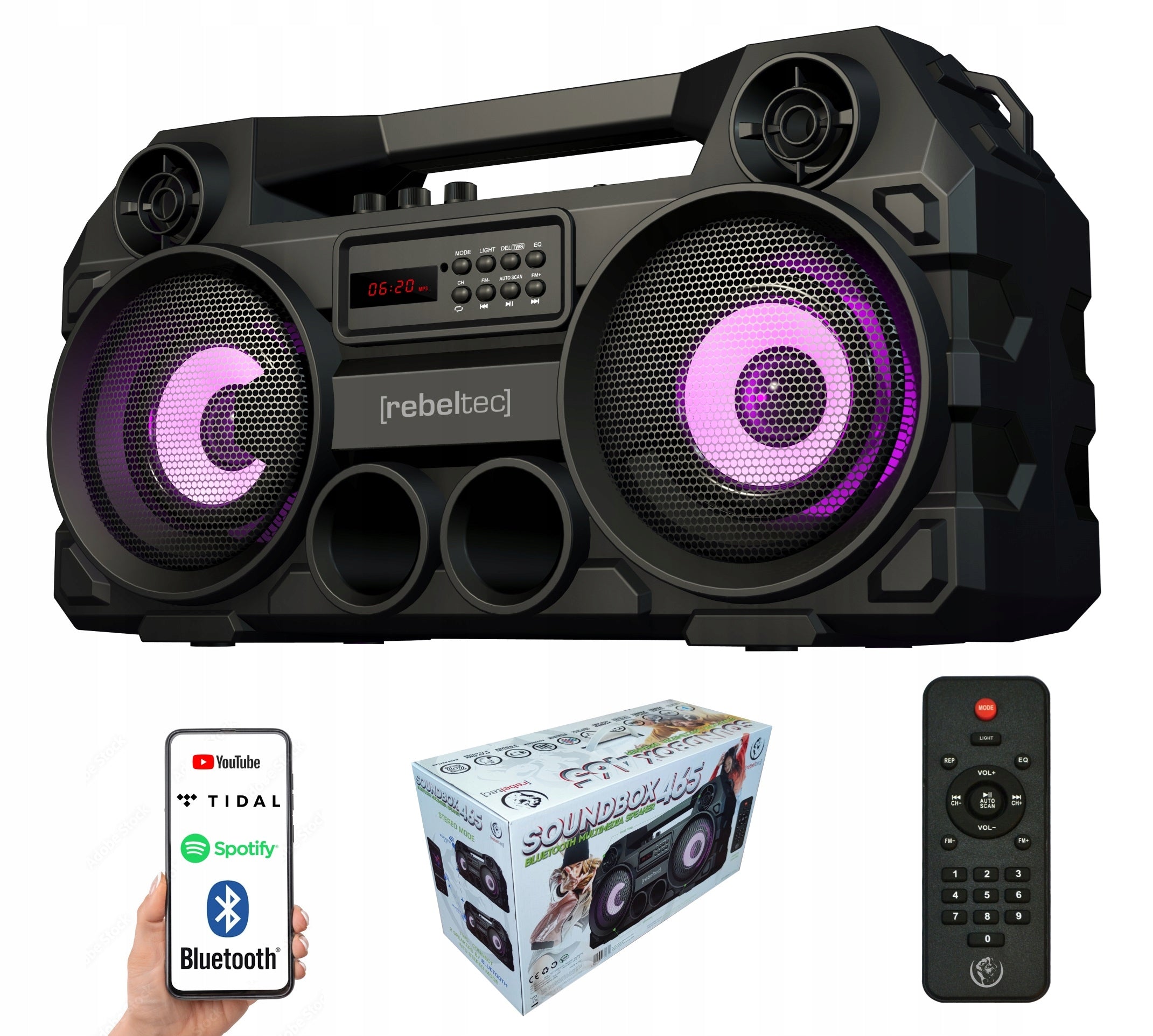 BLUETOOTH SPEAKER WIRELESS BOOMBOX USB SD FM Rebeltec SoundBox 465