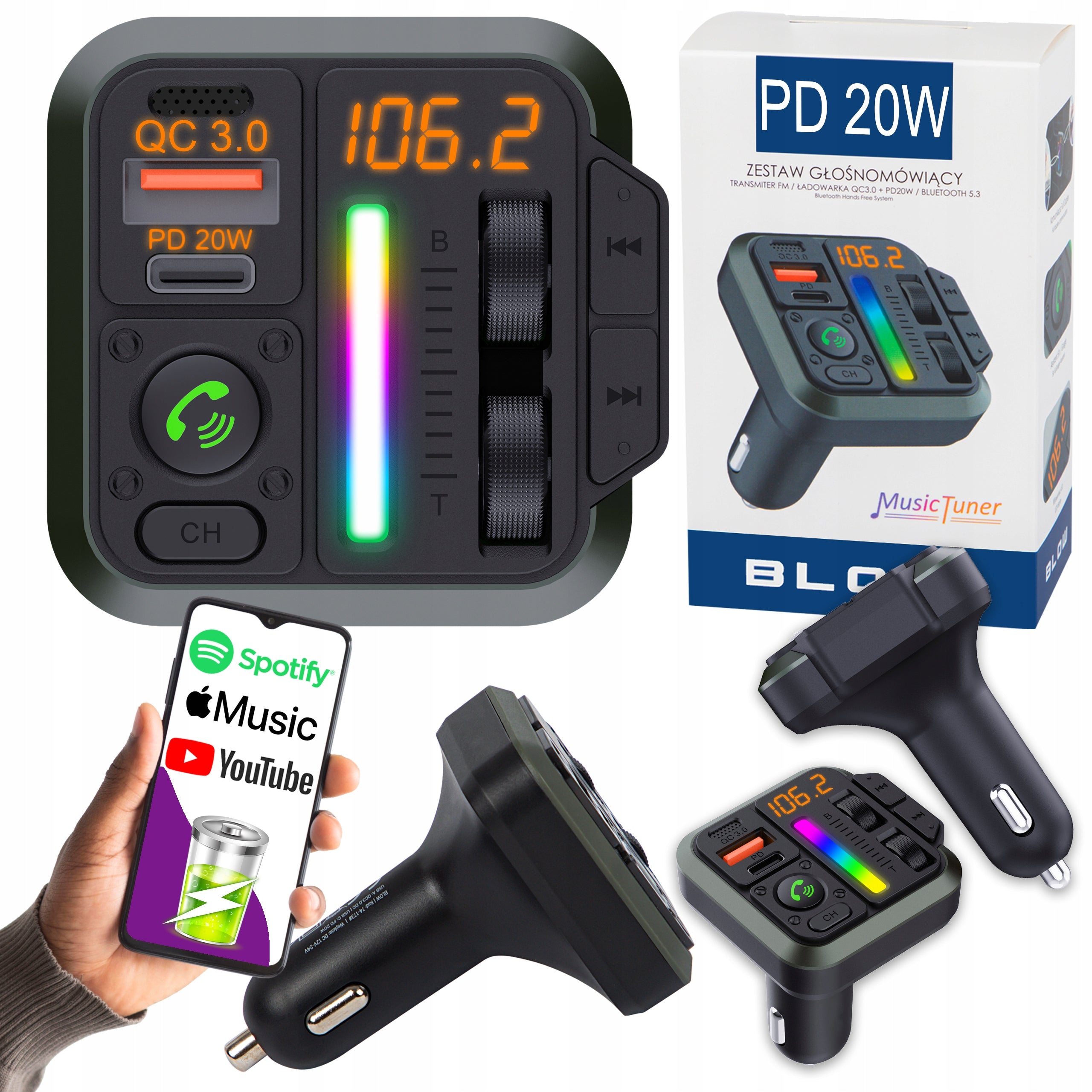 BLUETOOTH TRANSMITTER 5.3 CAR FM SPEAKERPHONE QC 3.0 PD20W
