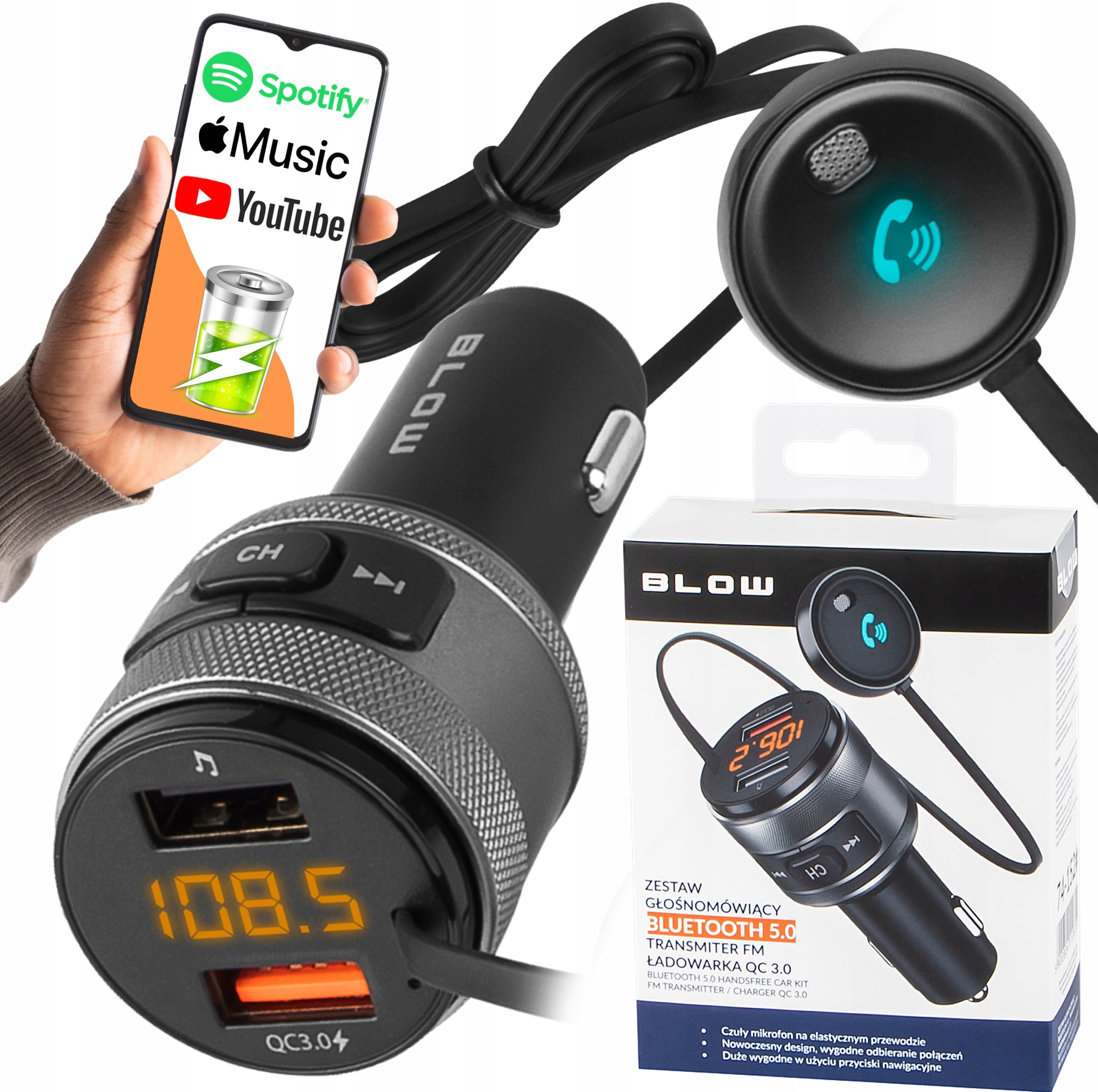 BLUETOOTH TRANSMITTER CAR CHARGER SPEAKERPHONE USB QC3.0