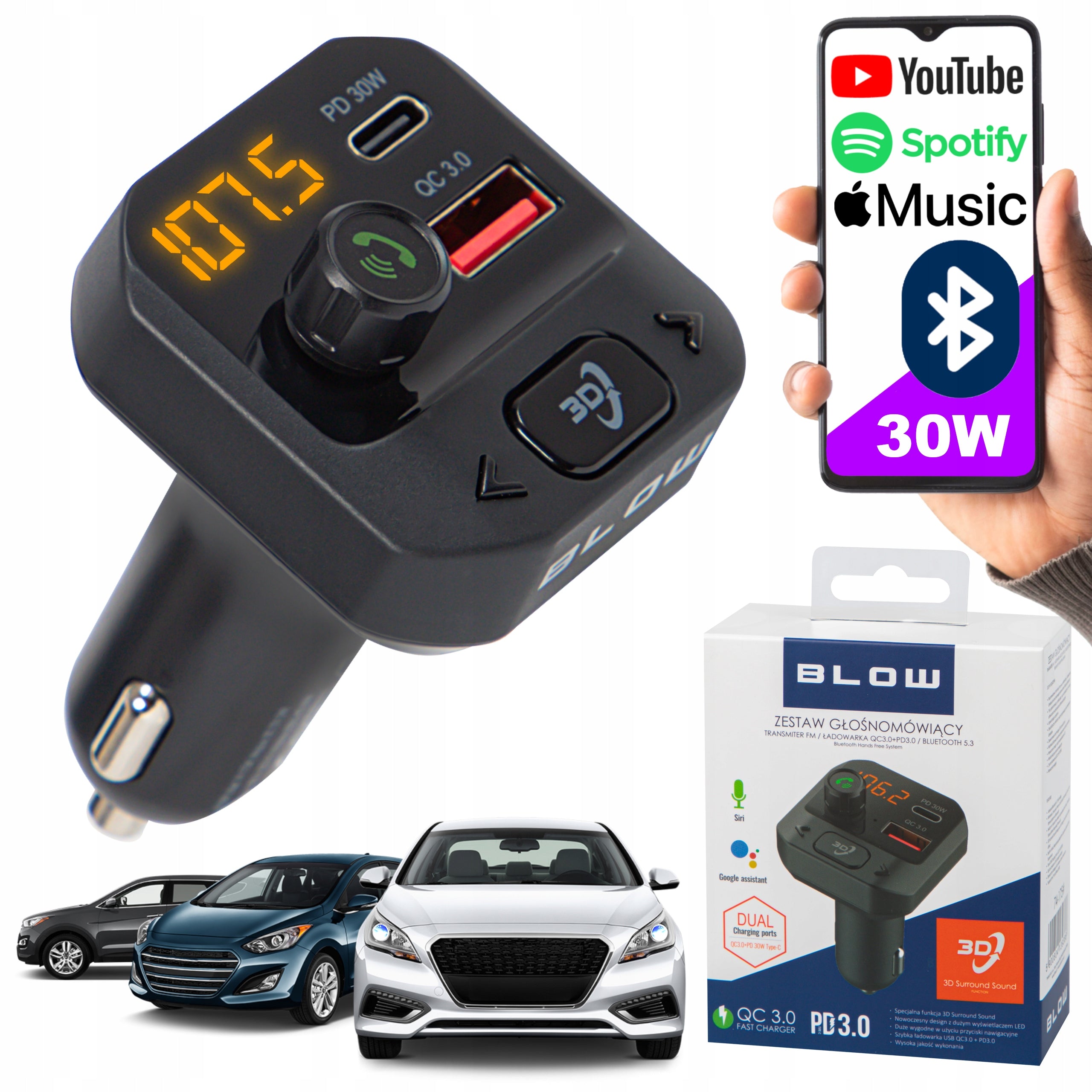 BLUETOOTH TRANSMITTER FM CAR CHARGER STRONG BASS FM USB-C PD QC3.0