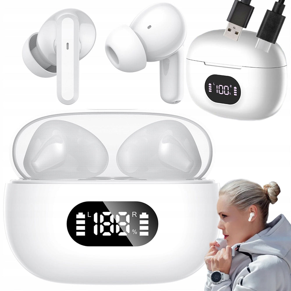 BLUETOOTH WIRELESS EARBUDS WITH LED CHARGING CASE AND MICROPHONE