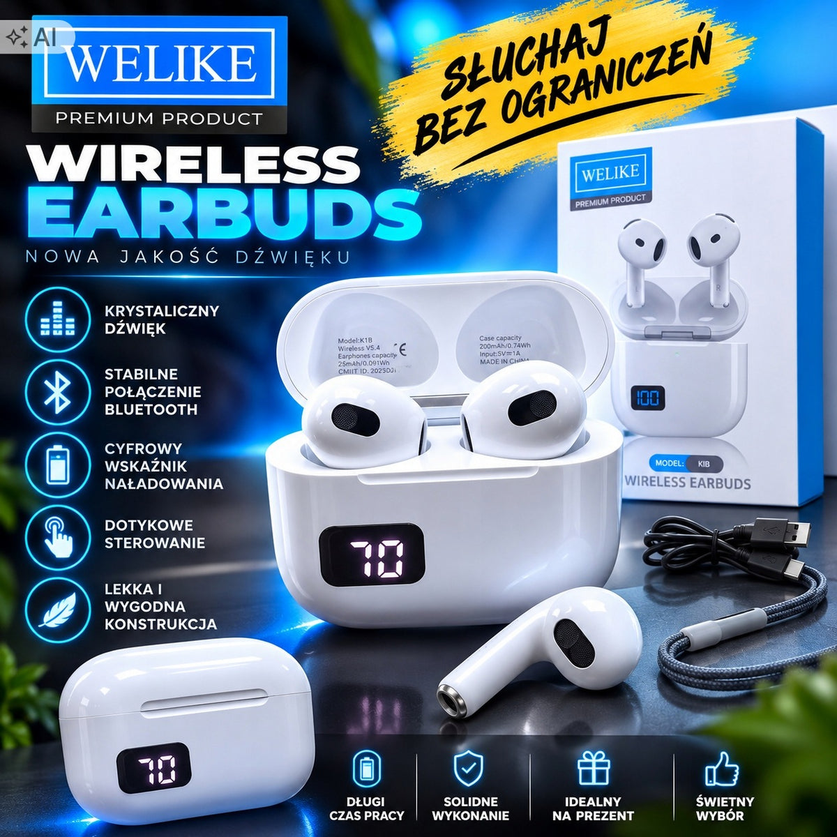 BLUETOOTH WIRELESS HEADPHONES TWS IN-EAR LCD BATTERY INDICATOR Manufacturer code 33003