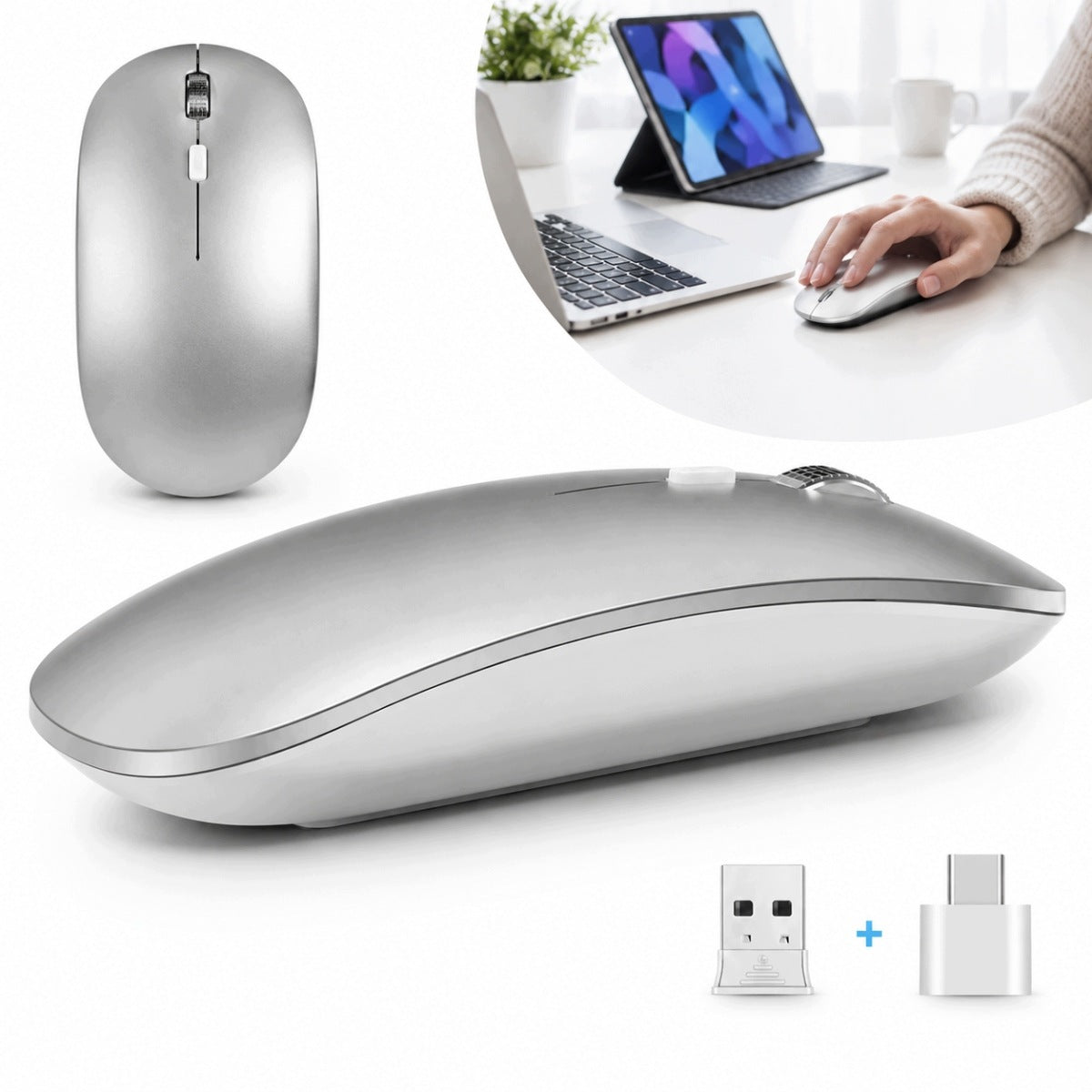 BLUETOOTH WIRELESS MOUSE 2.4G QUIET 3DPI FOR LAPTOP PC SILVER