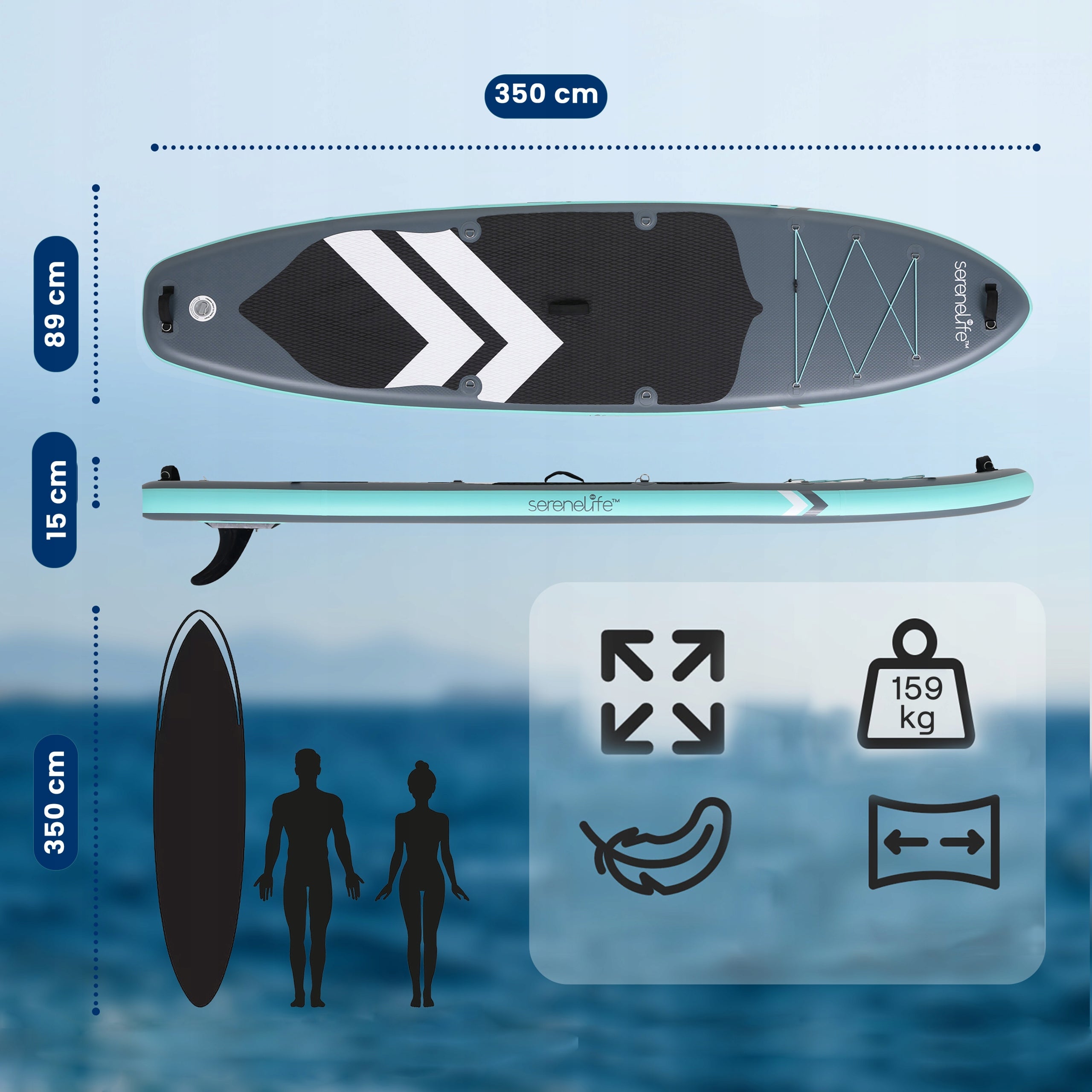 BOARD SUP 350 CM FOR 2 PEOPLE STABLE WIDE ACCESSORIES BAG SERENELIFE Model SLSUPP05 - DESKA SUP