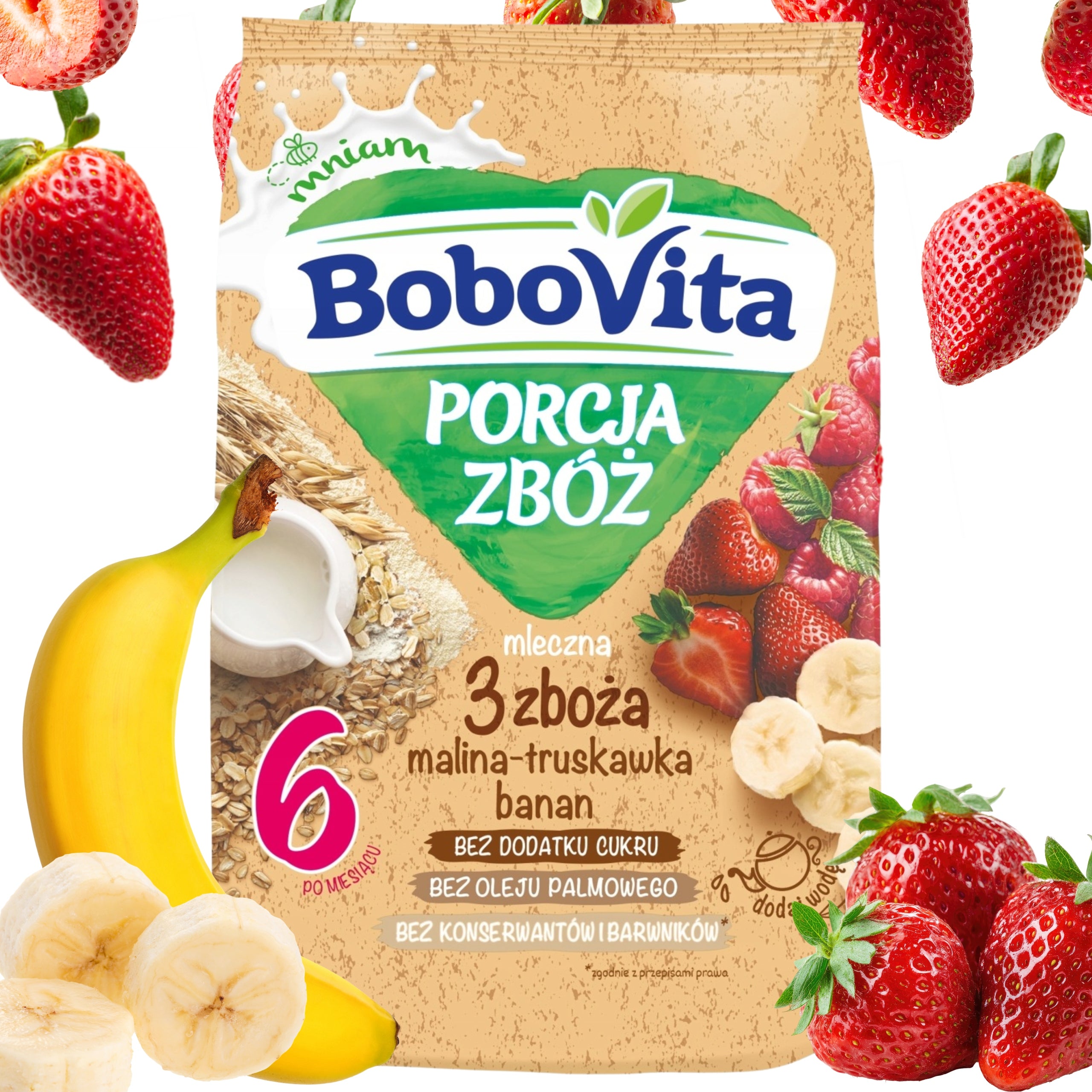 BOBOVITA SERVING 3 CEREALS MILK PORRIDGE RASPBERRY-STRAWBERRY-BANANA 6m+ 210g