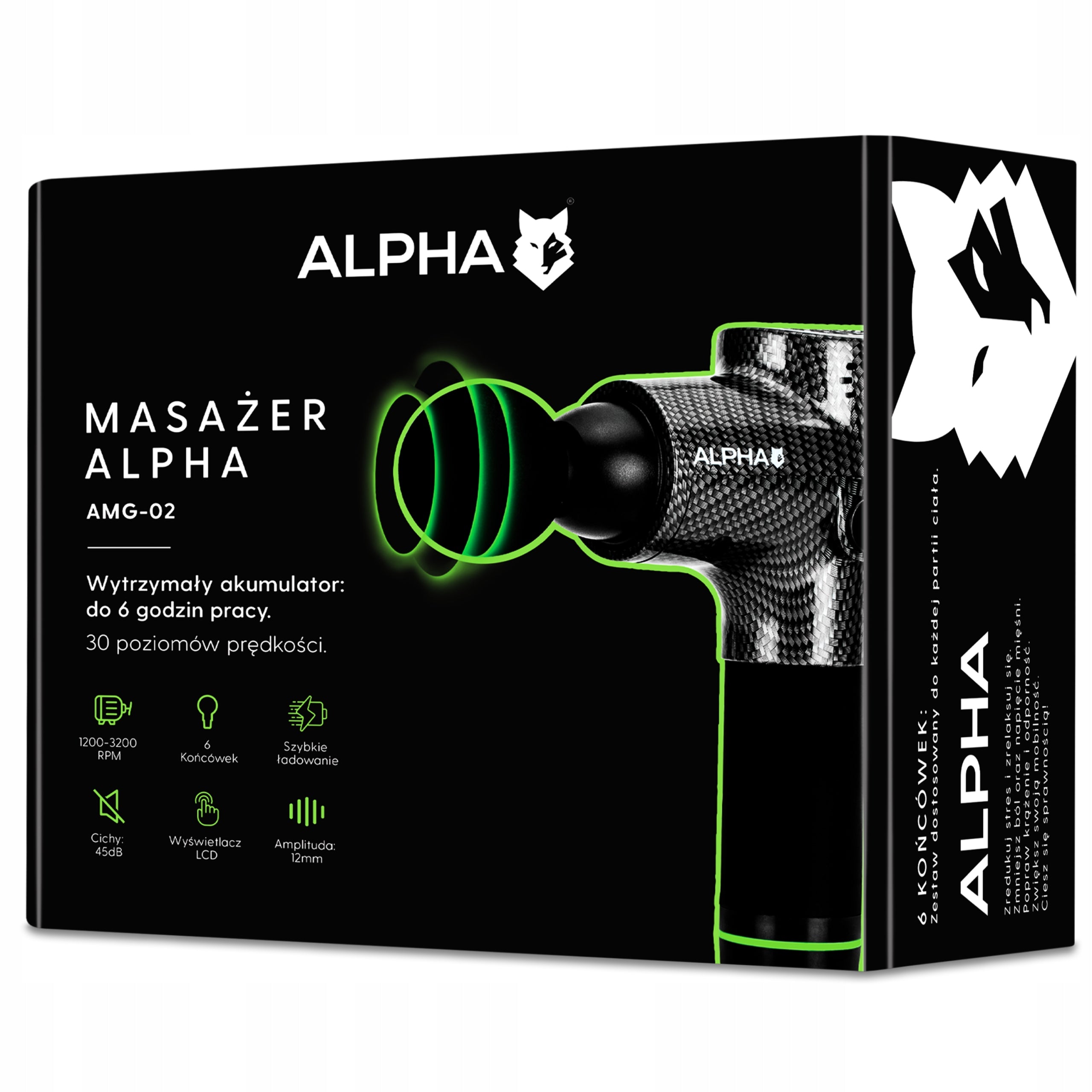 BODY MASSAGER ALPHA MASSAGE GUN AMG-02 BLACK FOR BACK MASSAGE GUN Manufacturer code MASAŻER CIAŁA ALPHA PISTOLET DO MASAŻU