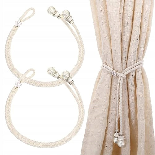 BOHO CURTAIN GARTERS BEIGE ADJUSTABLE CURTAIN HANDLES COTTON 2 PCS