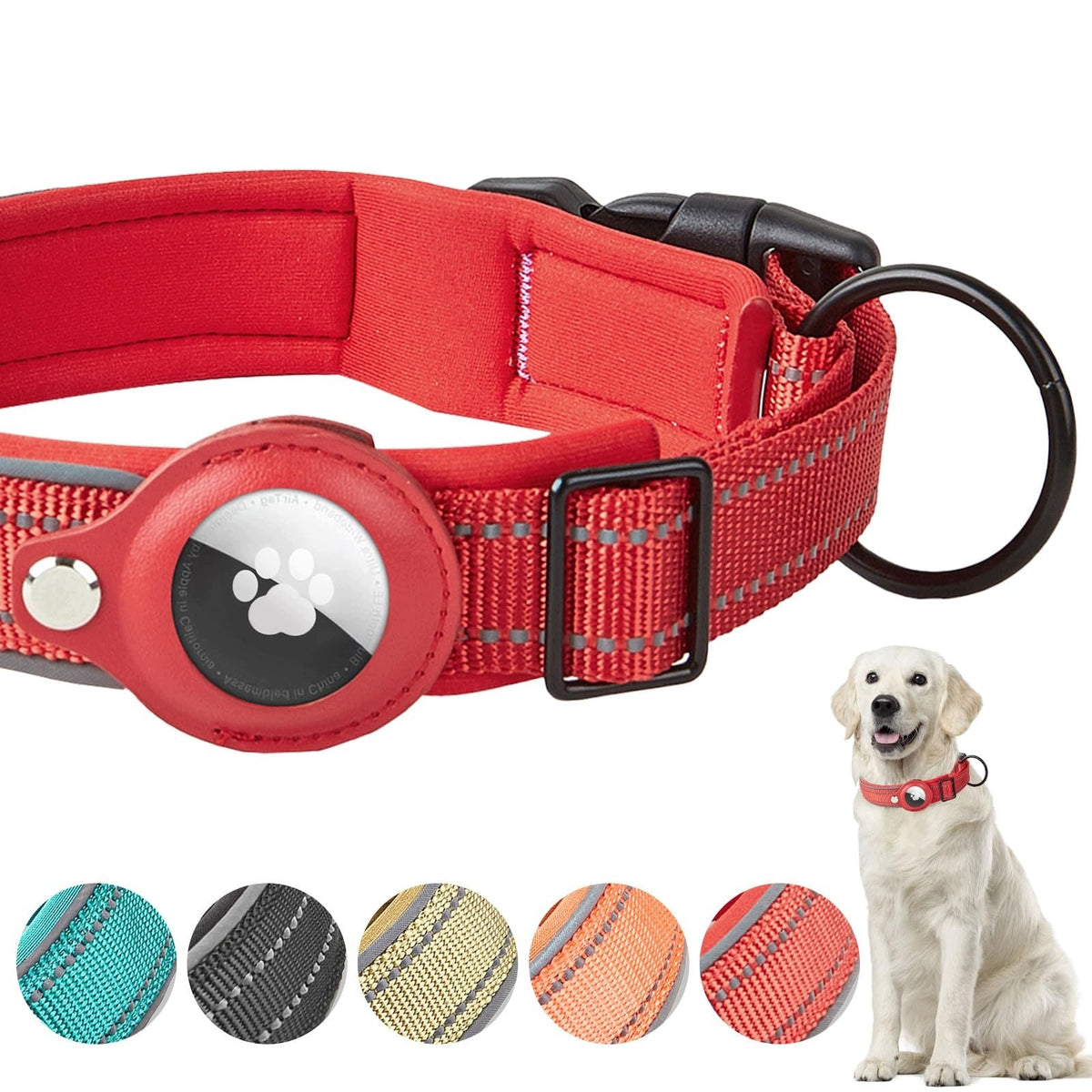 BOLOSHINE AIRTAG DOG COLLAR ADJUSTABLE REFLECTIVE NYLON COLLAR FOR