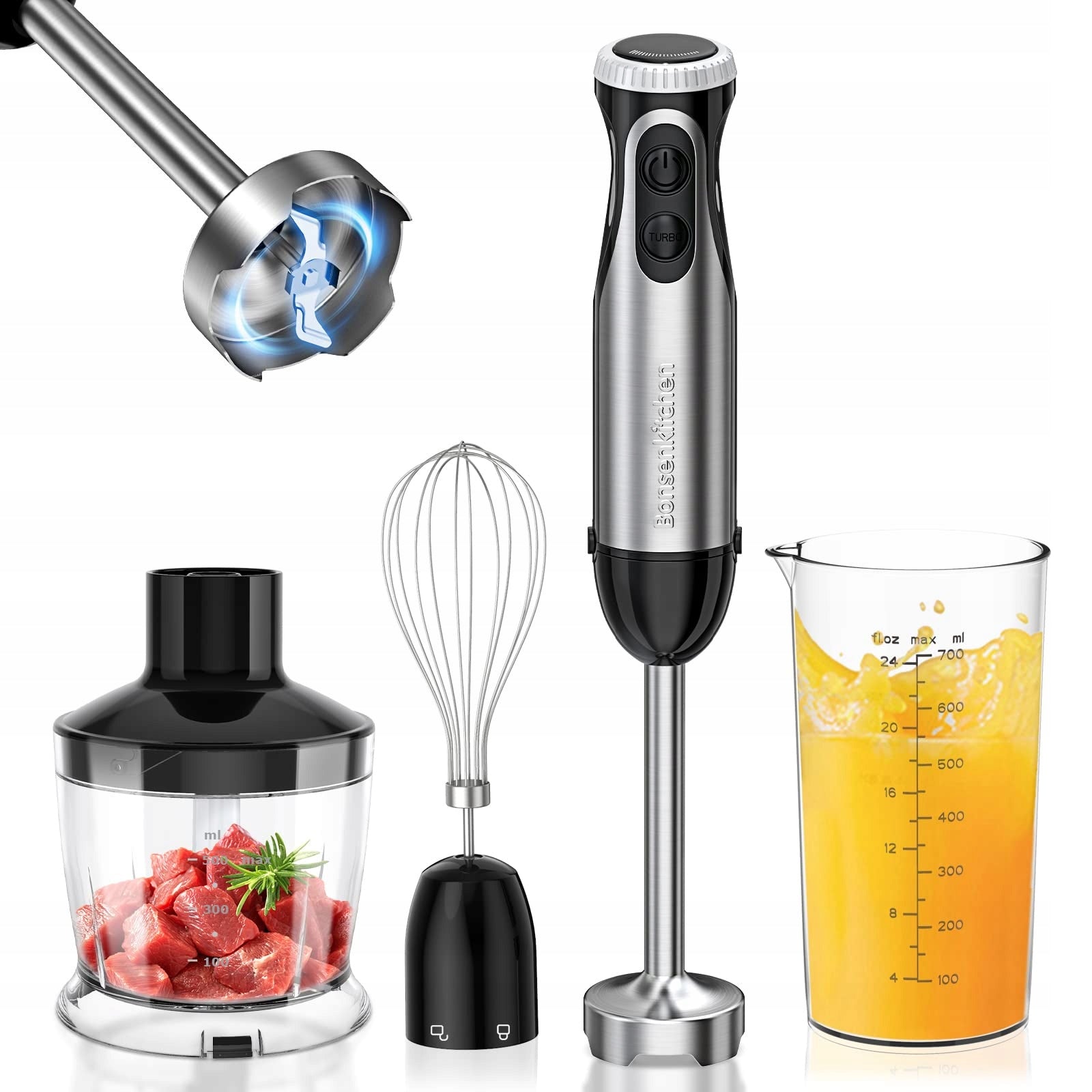 BONSENKITCHEN HAND BLENDER 4IN1 1000W WHISK SHREDDER CUP