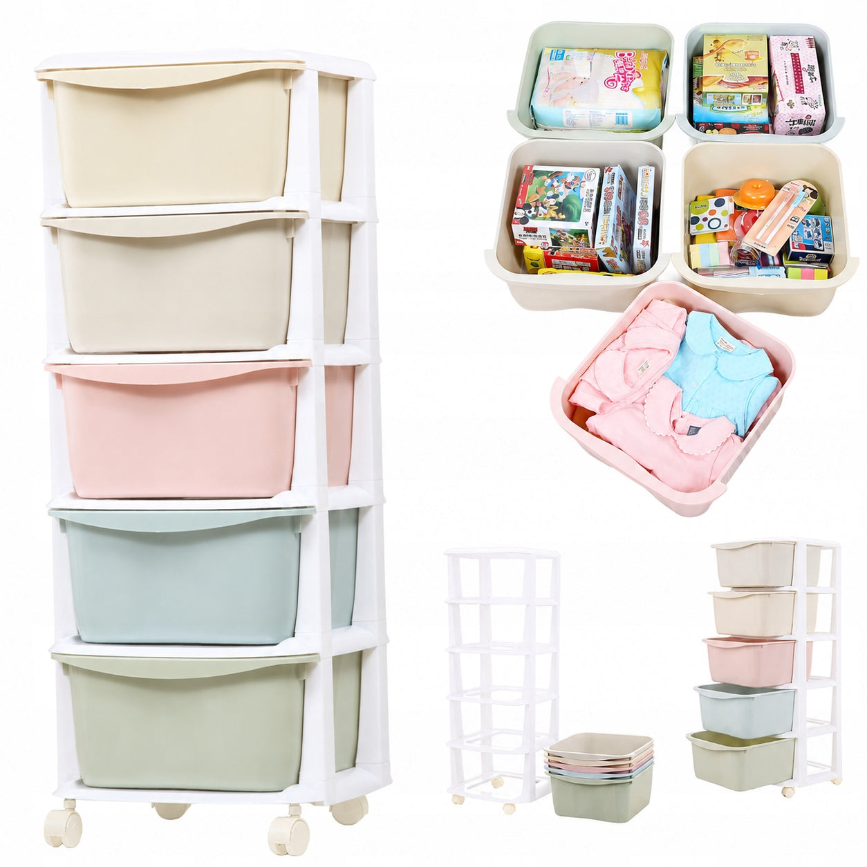 BOOKCASE CABINET ON WHEELS 5 DRAWERS PLASTIC TOY ORGANIZER BASKET