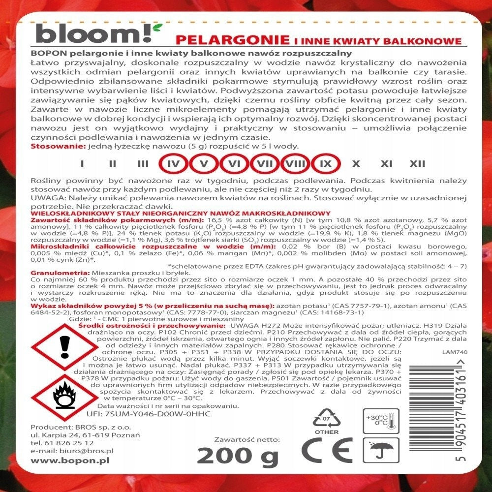 BOPON BLOOM! Pelargonies and other balcony flowers, soluble fertilizer Biopon Manufacturer code 2101