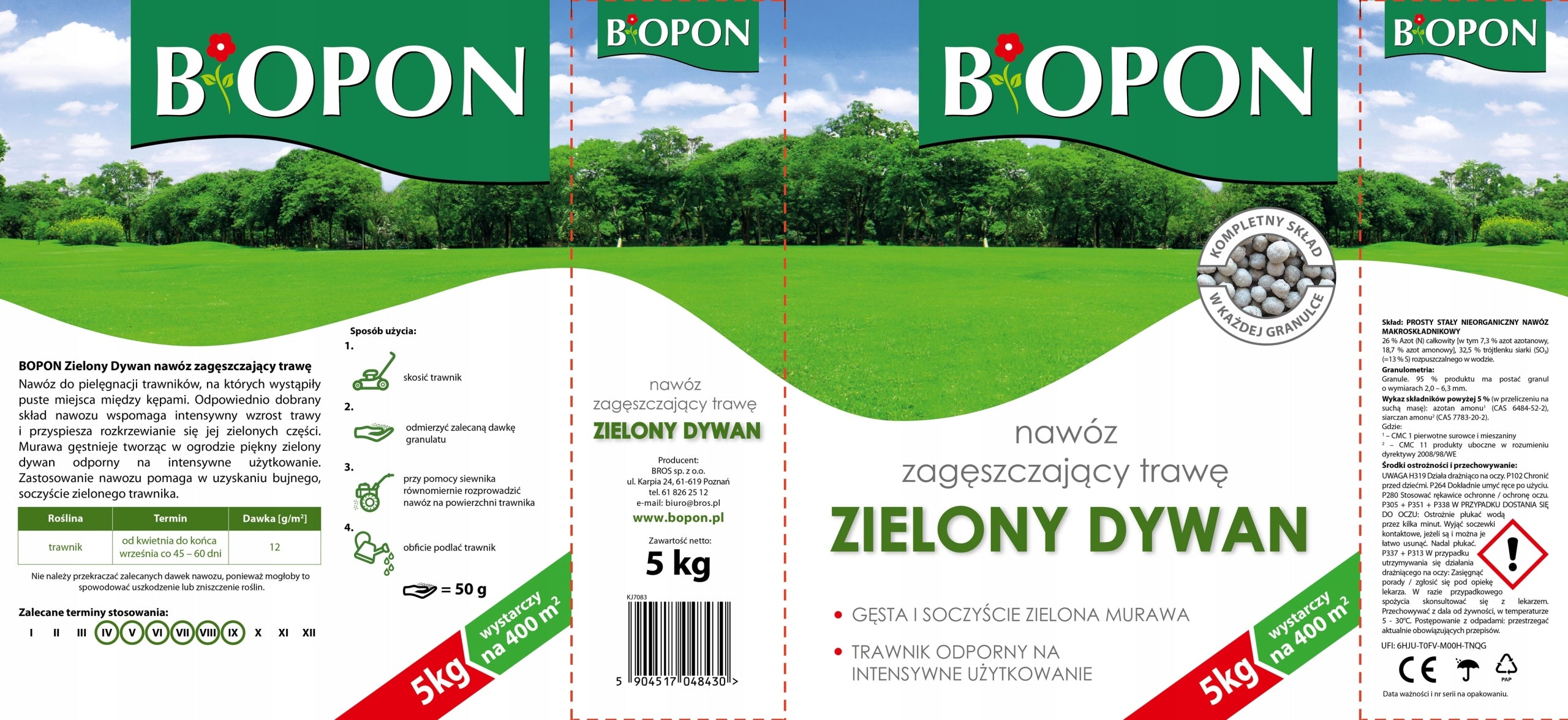 BOPON Grass thickening fertilizer, for lawn grass GREEN CARPET Biopon 5kg Manufacturer code 1221