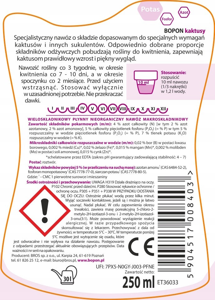BOPON Liquid cactus fertilizer 0,25 l Biopon EAN (GTIN) 5904517008403