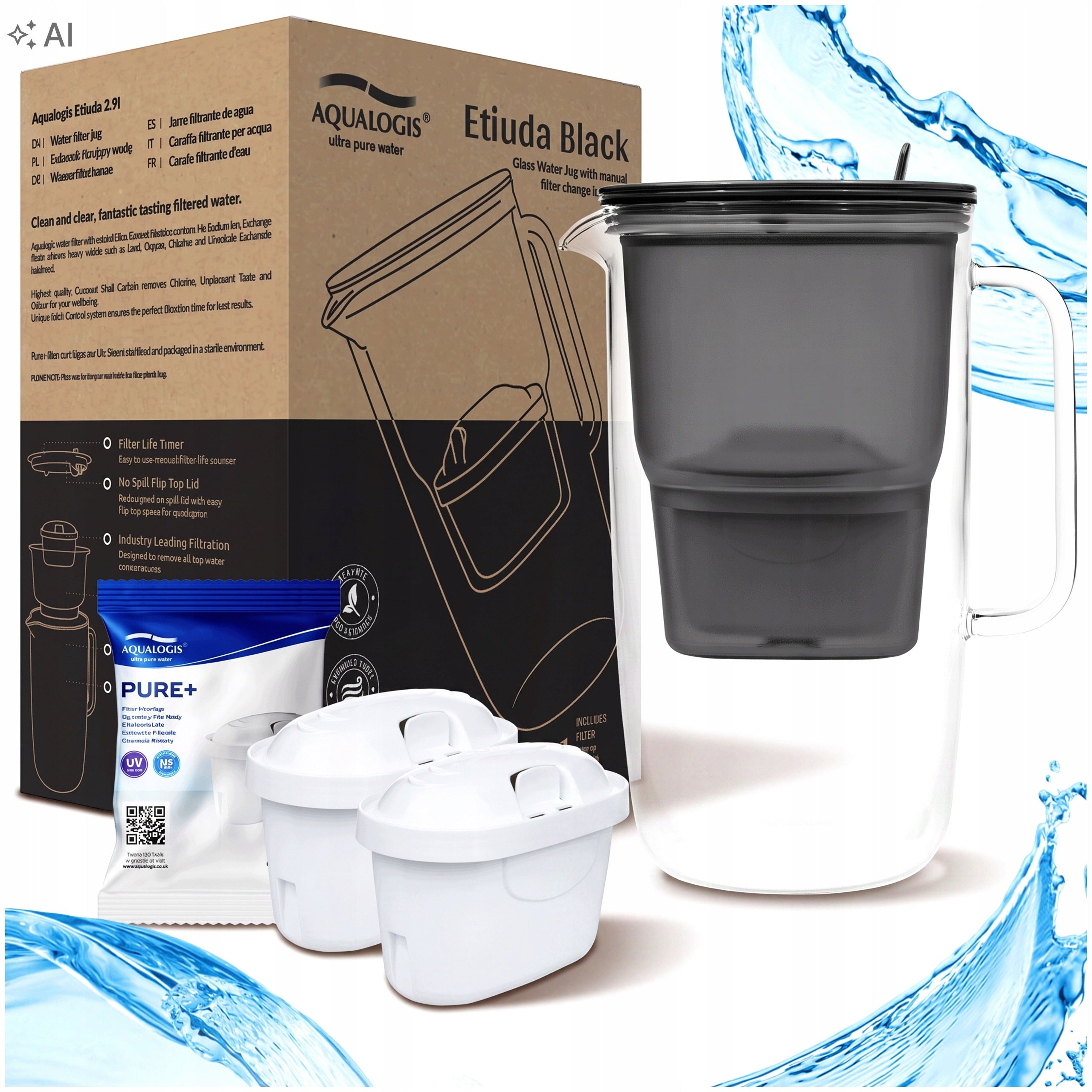 BOROSILICATE GLASS FILTER JUG ETIUDA BLACK + 2 Pure+ cartridges
