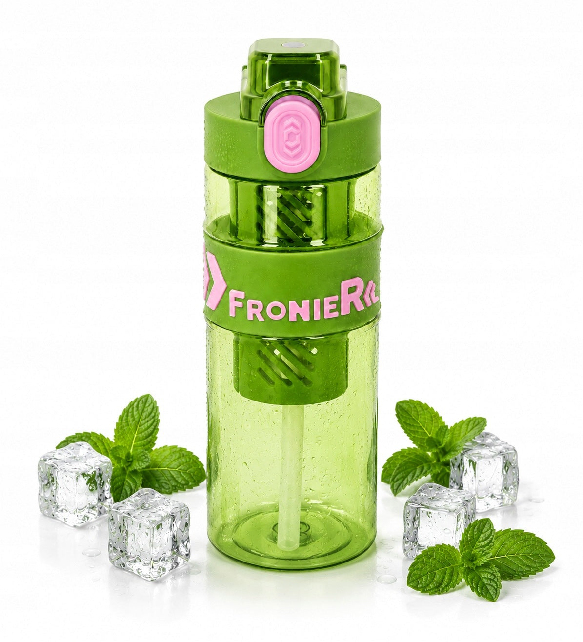 BOTTLE GREEN BOTTLE FOR FRUIT WATER 650ML WITH STRAW ICE FRUIT CARTRIDGE