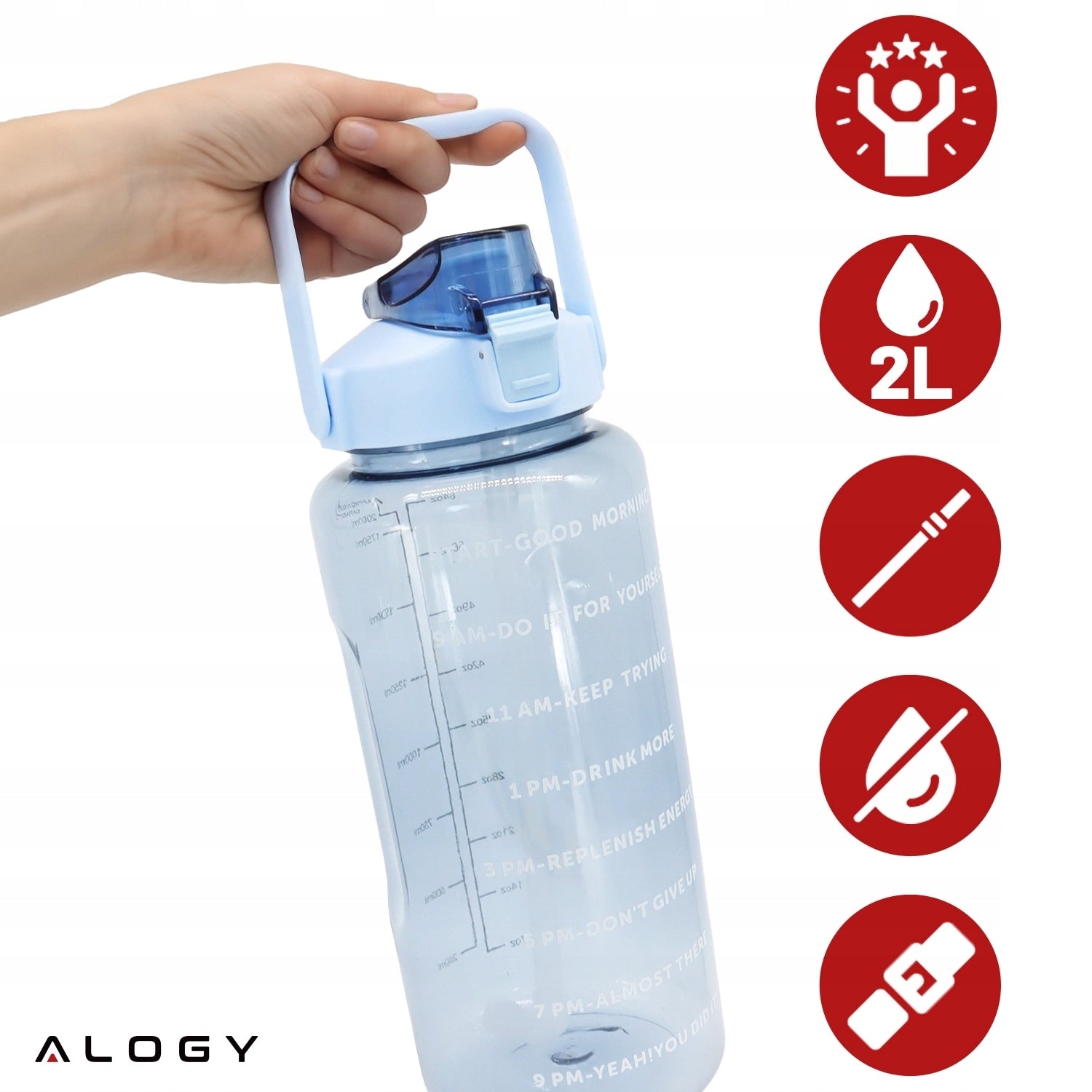 BOTTLE WATER BOTTLE WITH DRINKING STRAW 2L MOTIVATIONAL WITH REMINDER Packaging status original