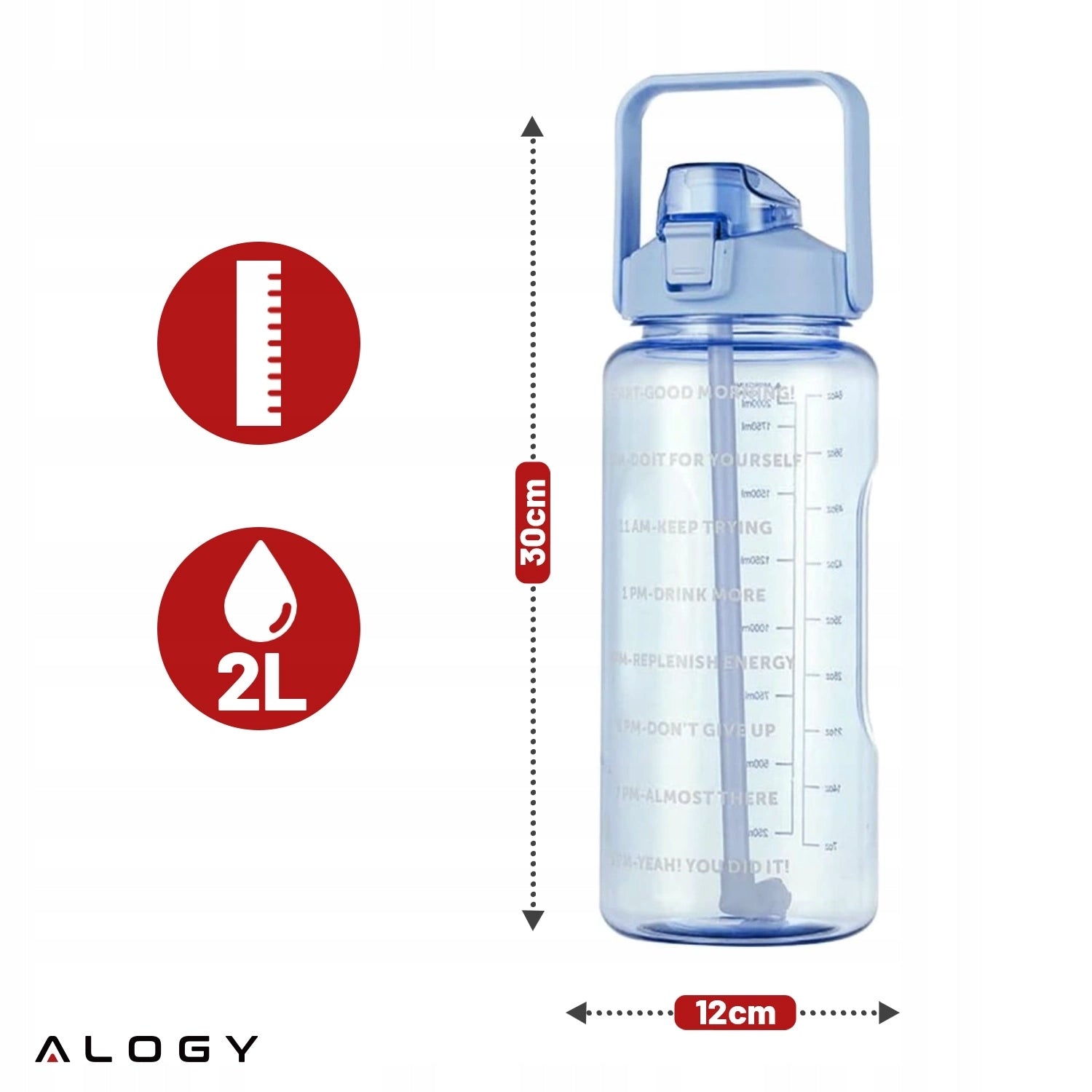 BOTTLE WATER BOTTLE WITH DRINKING STRAW 2L MOTIVATIONAL WITH REMINDER Volume 2000 ml