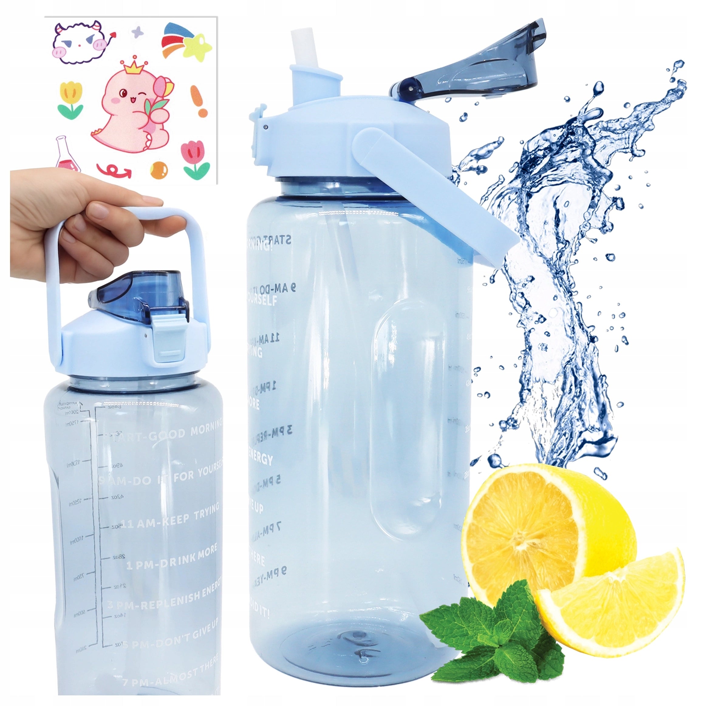 BOTTLE WATER BOTTLE WITH DRINKING STRAW 2L MOTIVATIONAL WITH REMINDER