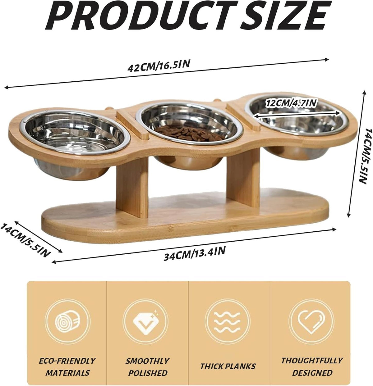 BOWL STAND ELEVATED 3 BOWLS CAT DOG STAINLESS STEEL BAMBOO Brand no brand