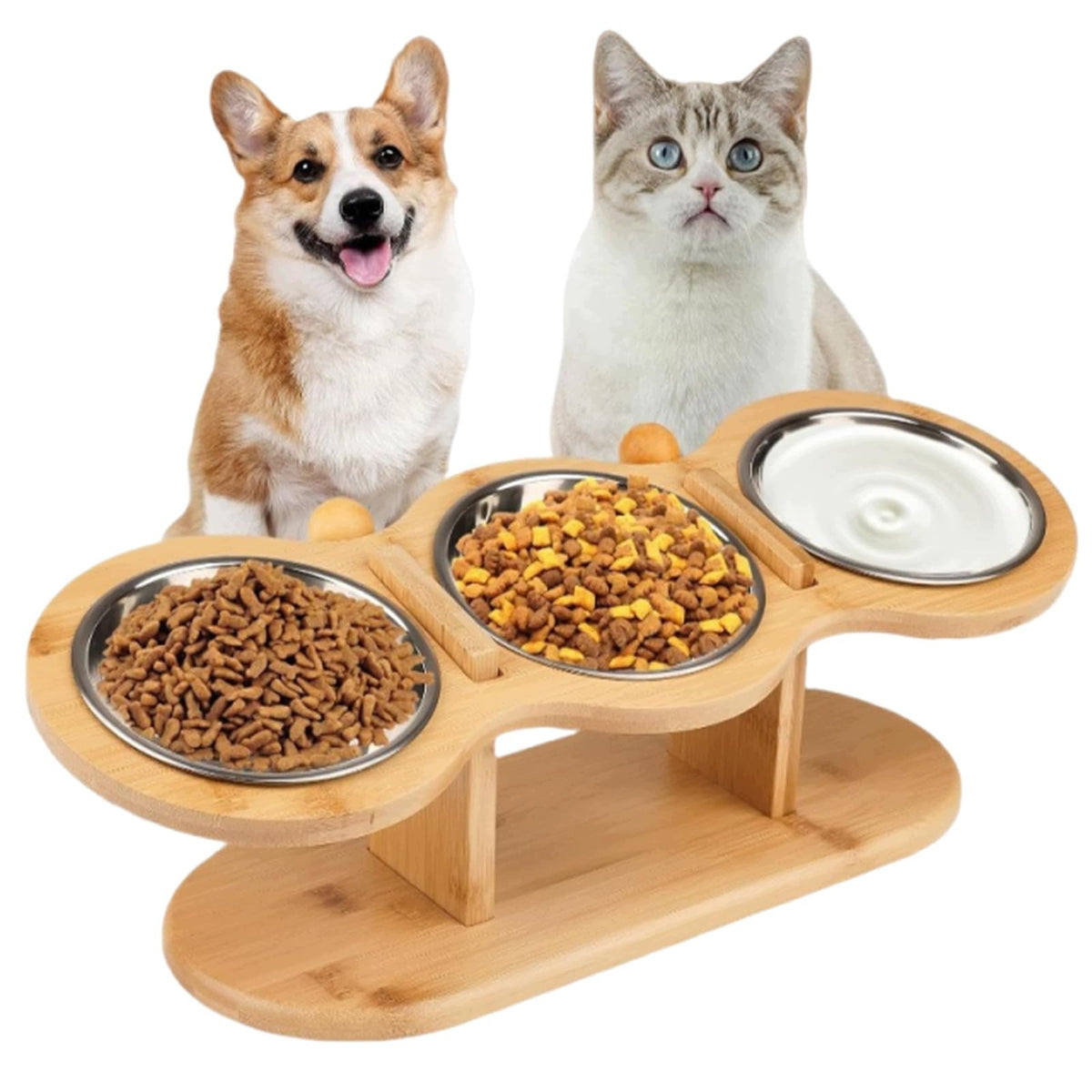 BOWL STAND ELEVATED 3 BOWLS CAT DOG STAINLESS STEEL BAMBOO