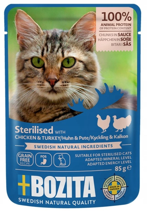 BOZITA Sterilised Pieces of meat in sauce with chicken and turkey 85g Packaging status original