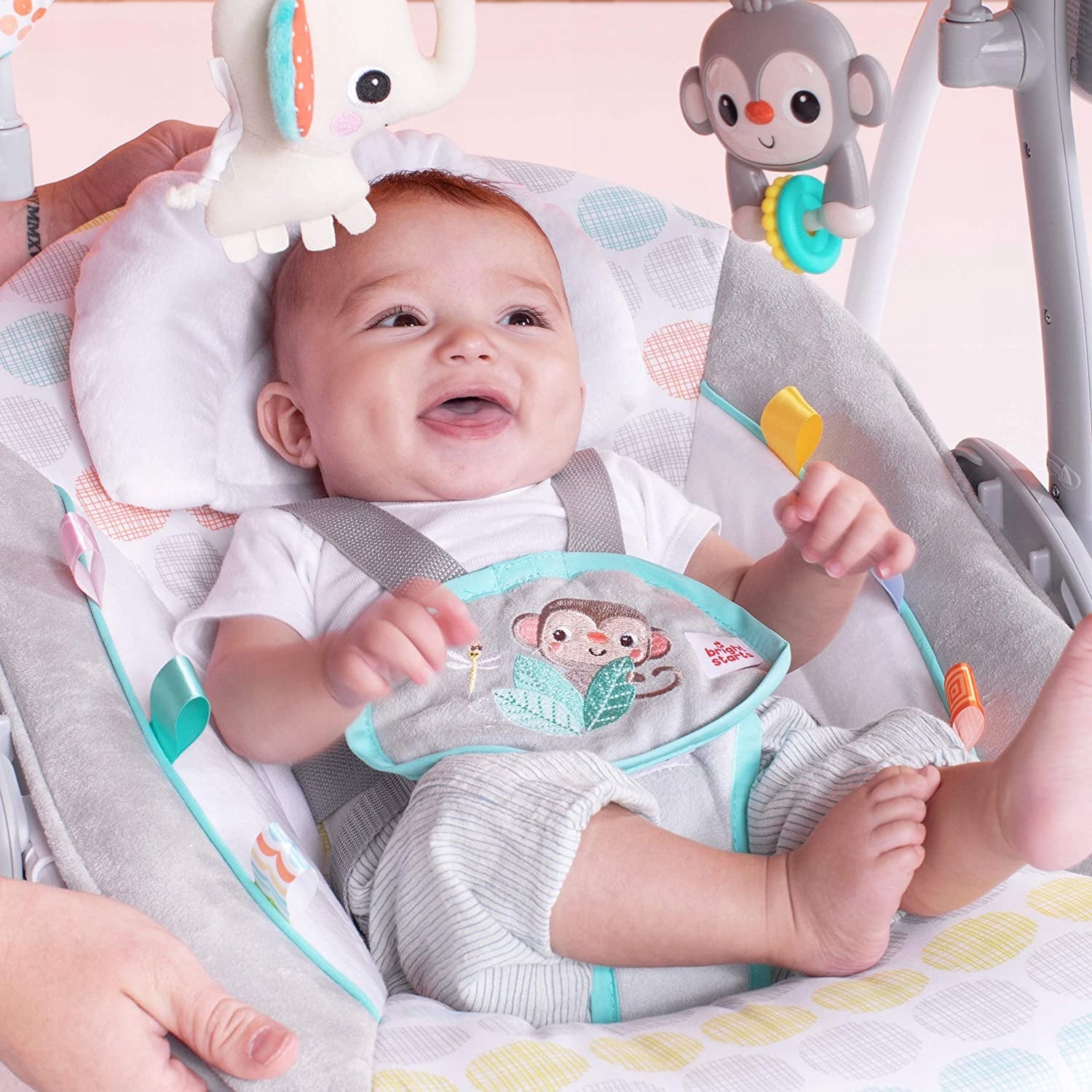 BRIGHT STARTS SWING LOUNGER WHIMSICAL WILD Additional features automatic rocking activity bar battery-operated