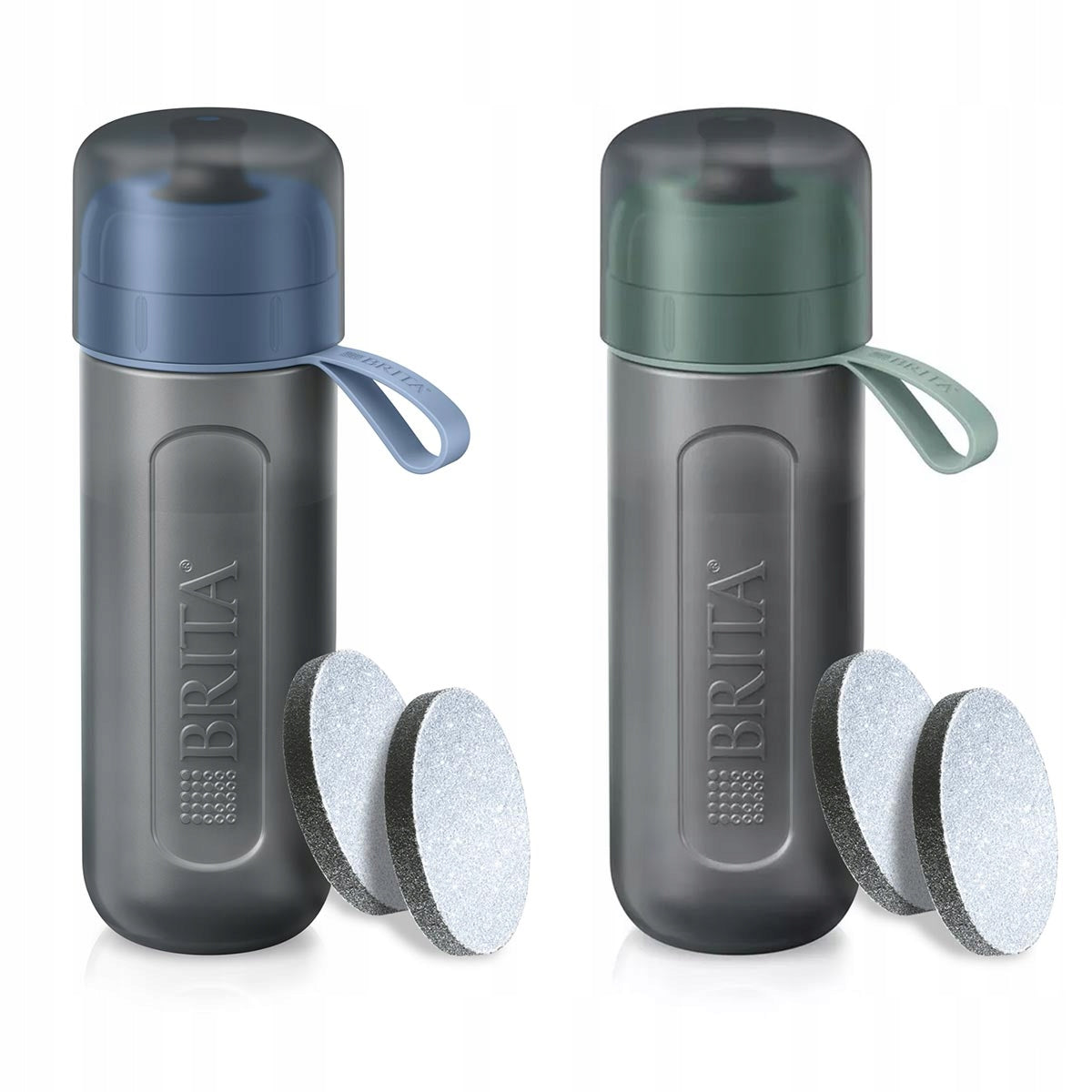 BRITA ACTIVE filter bottles blue and green + 4 MicroDisc filters
