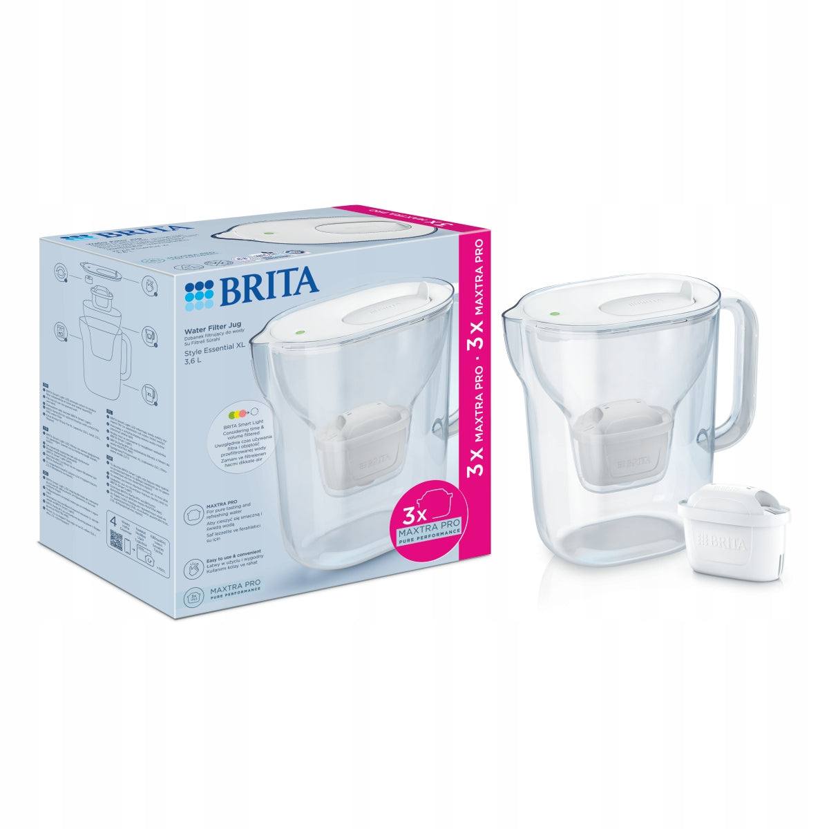 BRITA Filter jug Style Essential XL white +3 cartridges, Active bottle Brand Brita