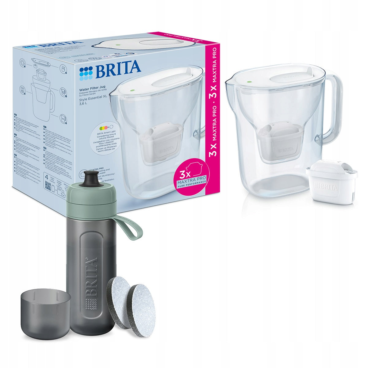 BRITA Filter jug Style Essential XL white +3 cartridges, Active bottle