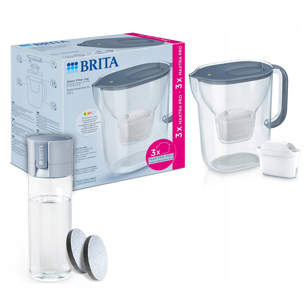 BRITA Style Essential XL+ Filter Jug 3 Filters, Filter Bottle