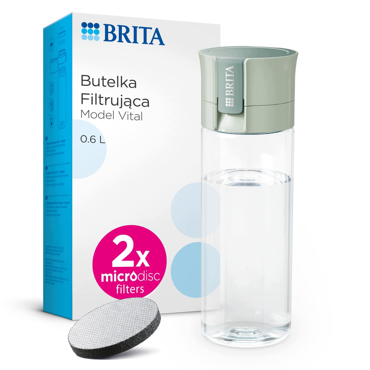 BRITA VITAL PASTEL GREEN FILTER BOTTLE 0 6L CONTAINS 2 FILTERS