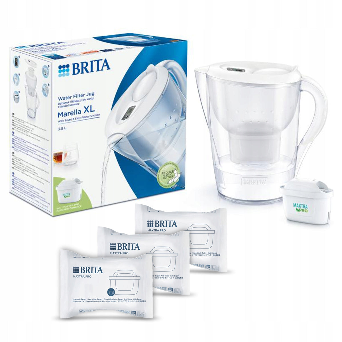 BRITA filter jug Marella XL filter Pure Performance + 3x Hard Water