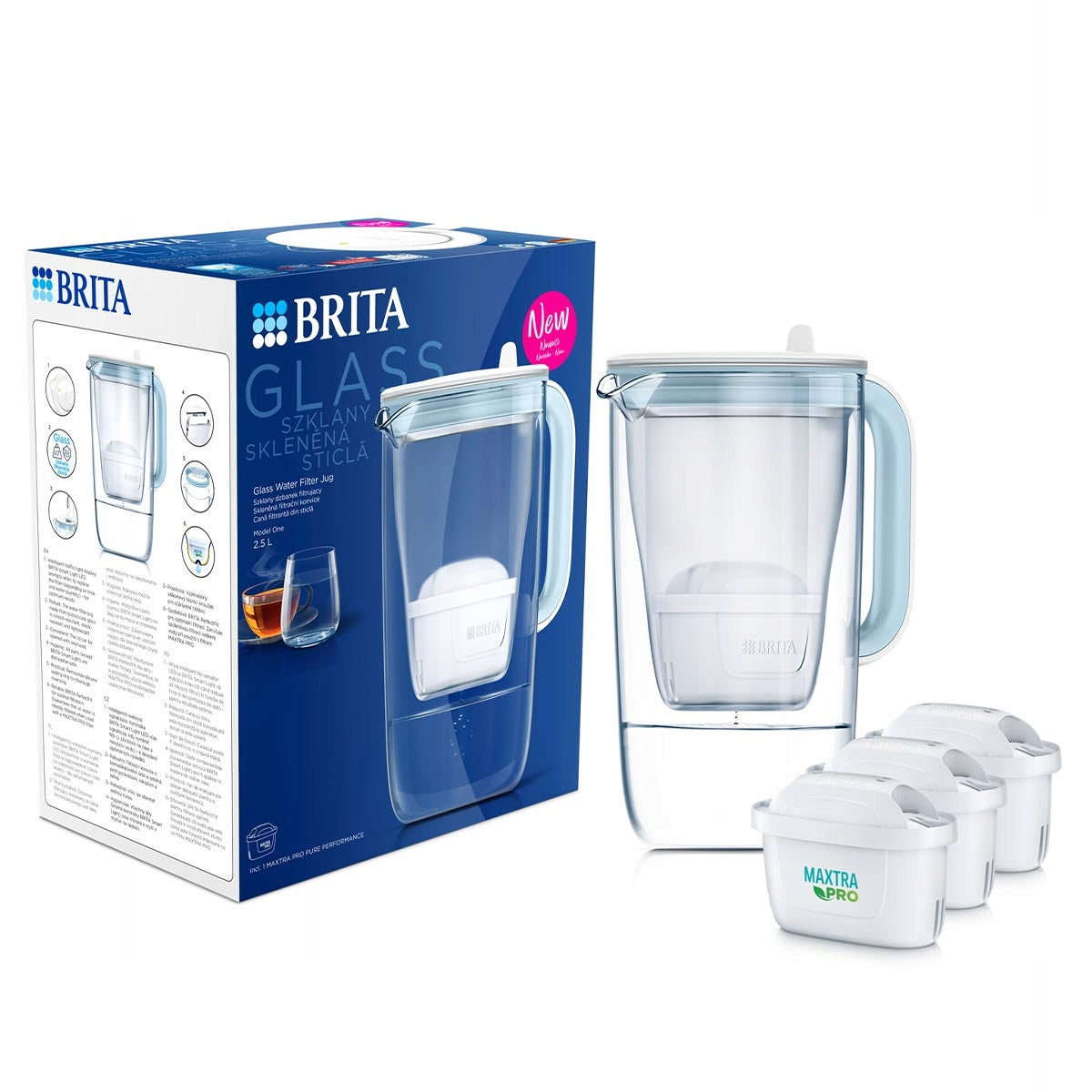 BRITA glass jug GLASS blue with Pure Performance filters 3 pieces