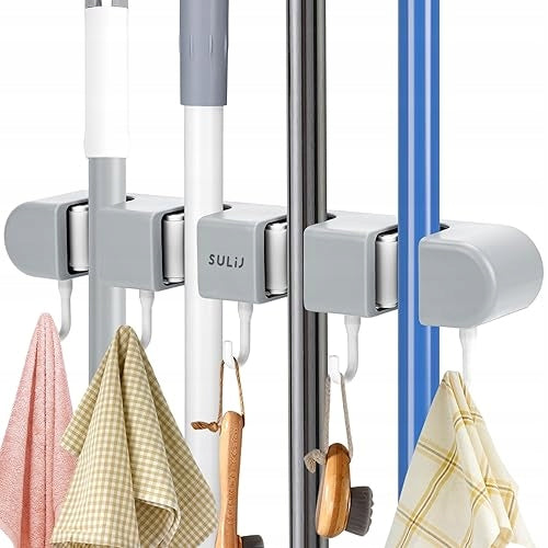 BROOM HANGER MOPY SELF ADHESIVE GREY 4 HANDLES 5 HOOKS METAL