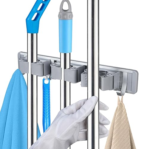 BROOM HOLDER WALL TOOL ORGANIZER 3 SLOTS 4 HOOKS