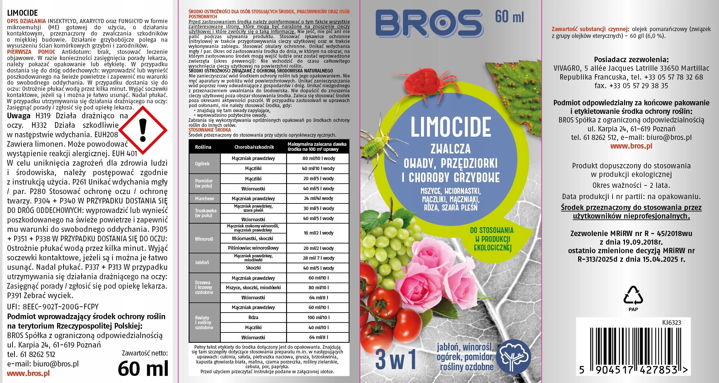 BROS Limocide fights insects, spider mites and fungal diseases 60 ml Packaging status original