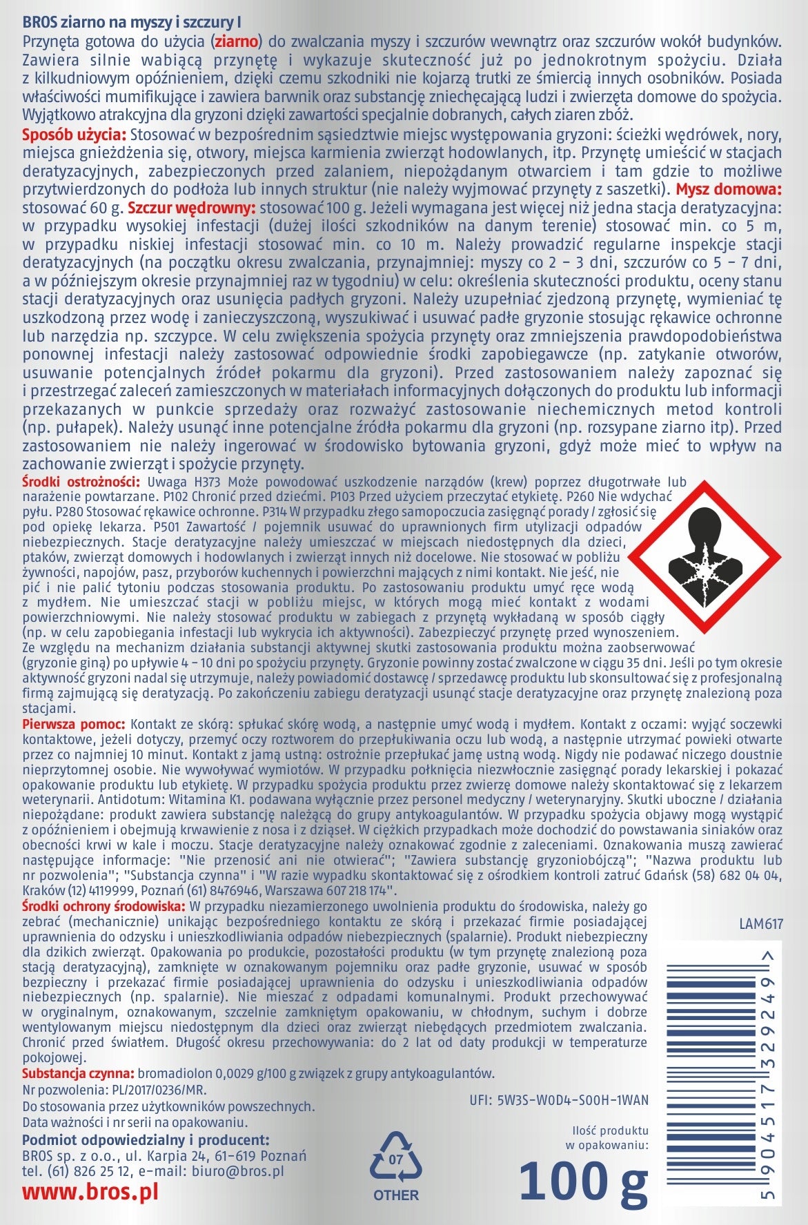 BROS Poison grain, for mice and rats, poison, preparation 100 g EAN (GTIN) 5904517329249