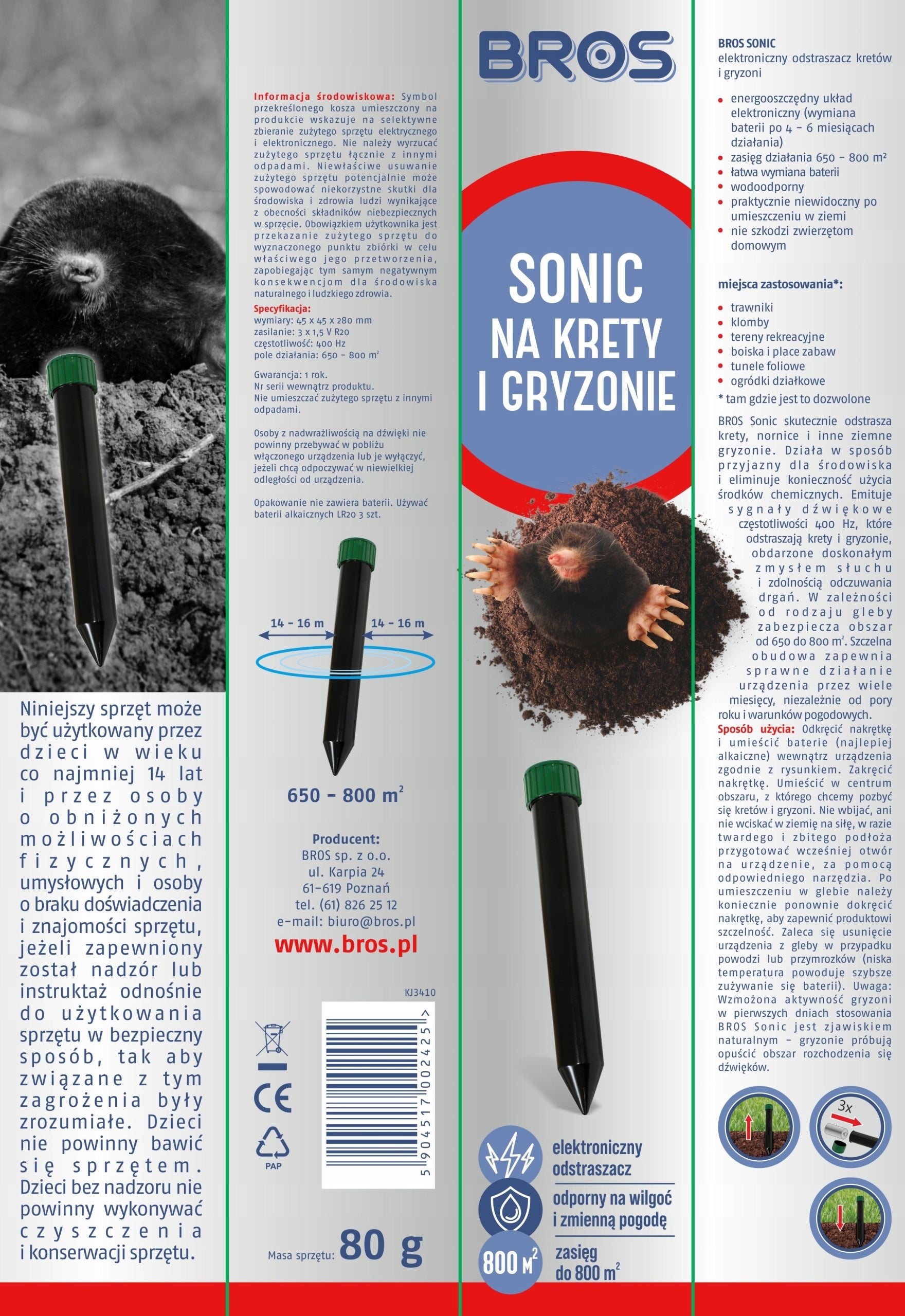 BROS Sonic for moles, rodents and snakes, repellent against moles - 2 pcs. Manufacturer code 233