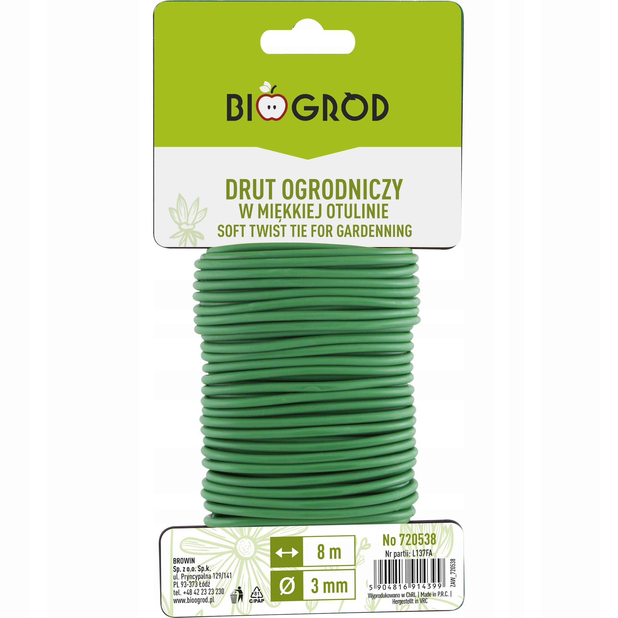 BROWIN GARDEN WIRE IN SOFT SHEATH FOR FASTENING PLANTS 8m x 3mm Manufacturer code 720538