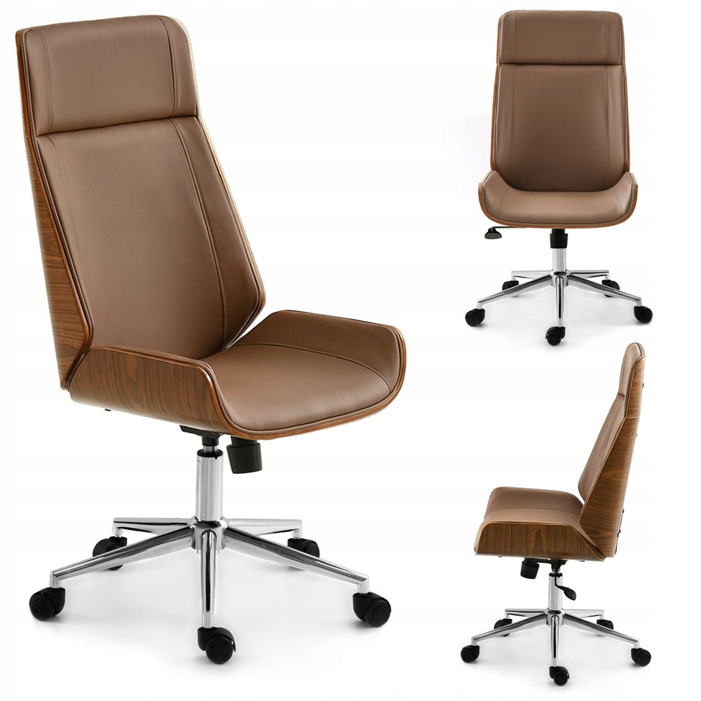 BROWN LEATHER OFFICE CHAIR MADE OF BENT WOOD WALNUT AUSTIN LEG CHROME