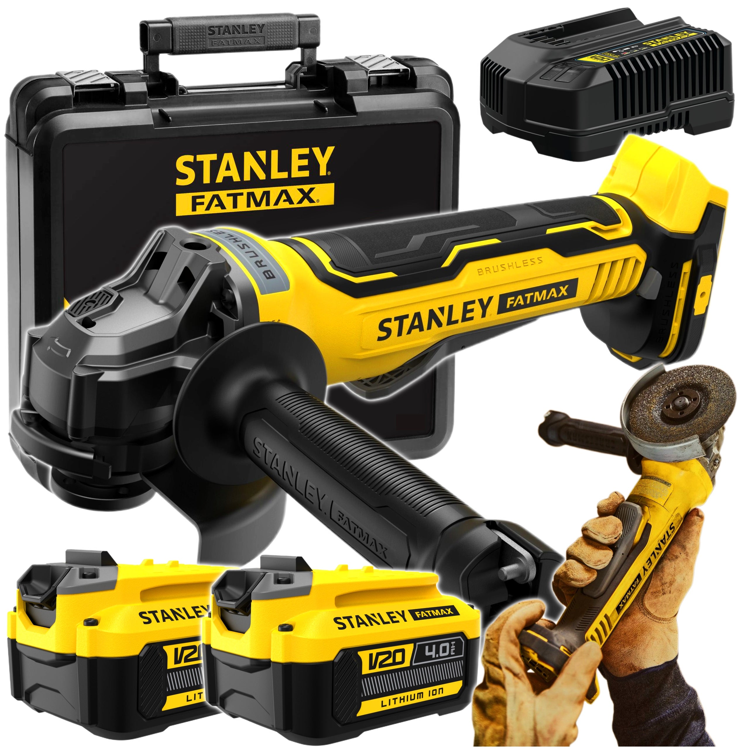 BRUSHLESS ANGLE GRINDER FATMAX 18V 2X 4.0AH STANLEY SFMCG700M2K-QW