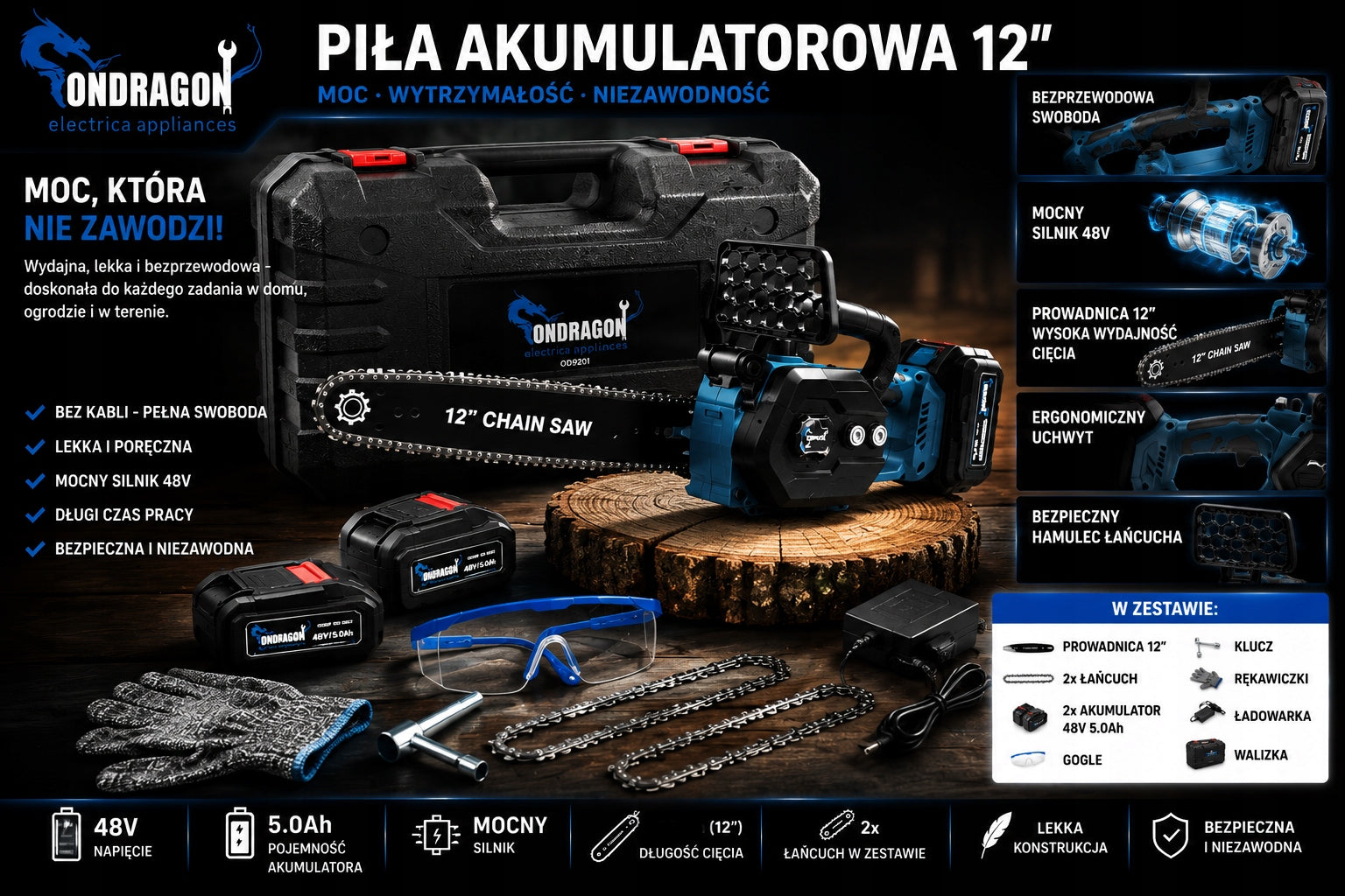 BRUSHLESS CHAINSAW CORDLESS SAW 12" 48V 2x AKU PRO Series od9201