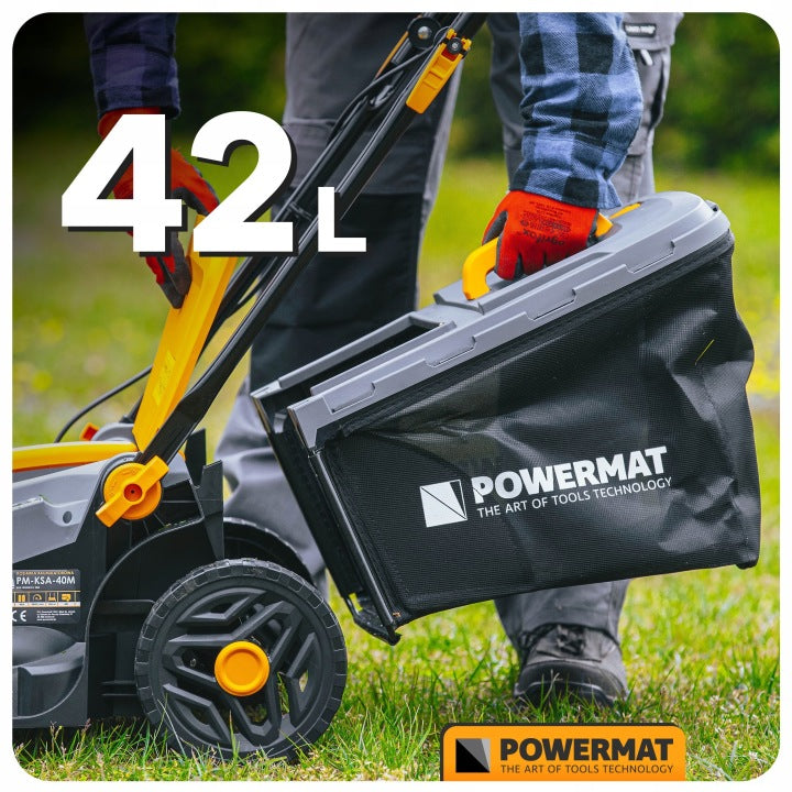 BRUSHLESS CORDLESS ELECTRIC MOWER 2 x AKU 4Ah BASKET 42L 38CM Manufacturer code PM1327