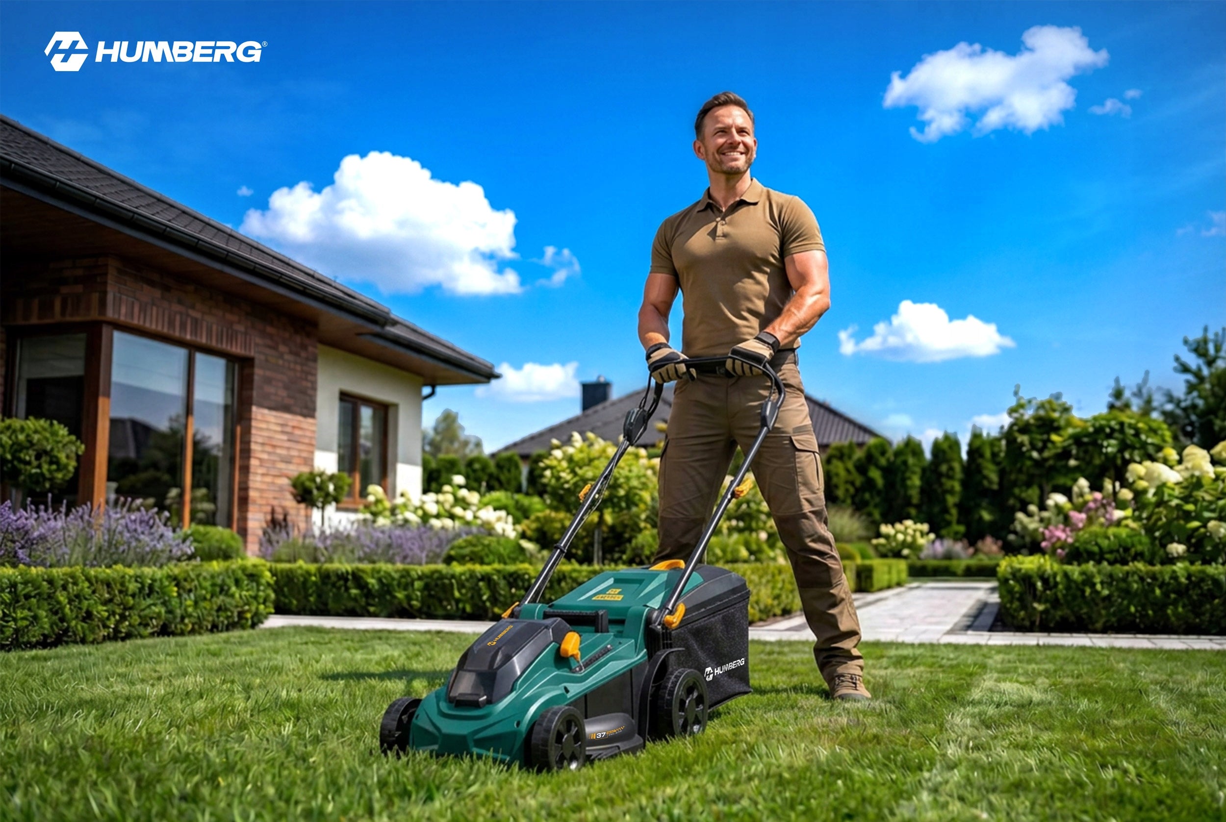 BRUSHLESS CORDLESS MOWER 2 AKU LIGHTWEIGHT STRONG 1000W 37cm HUMBERG Mowing width 37 cm