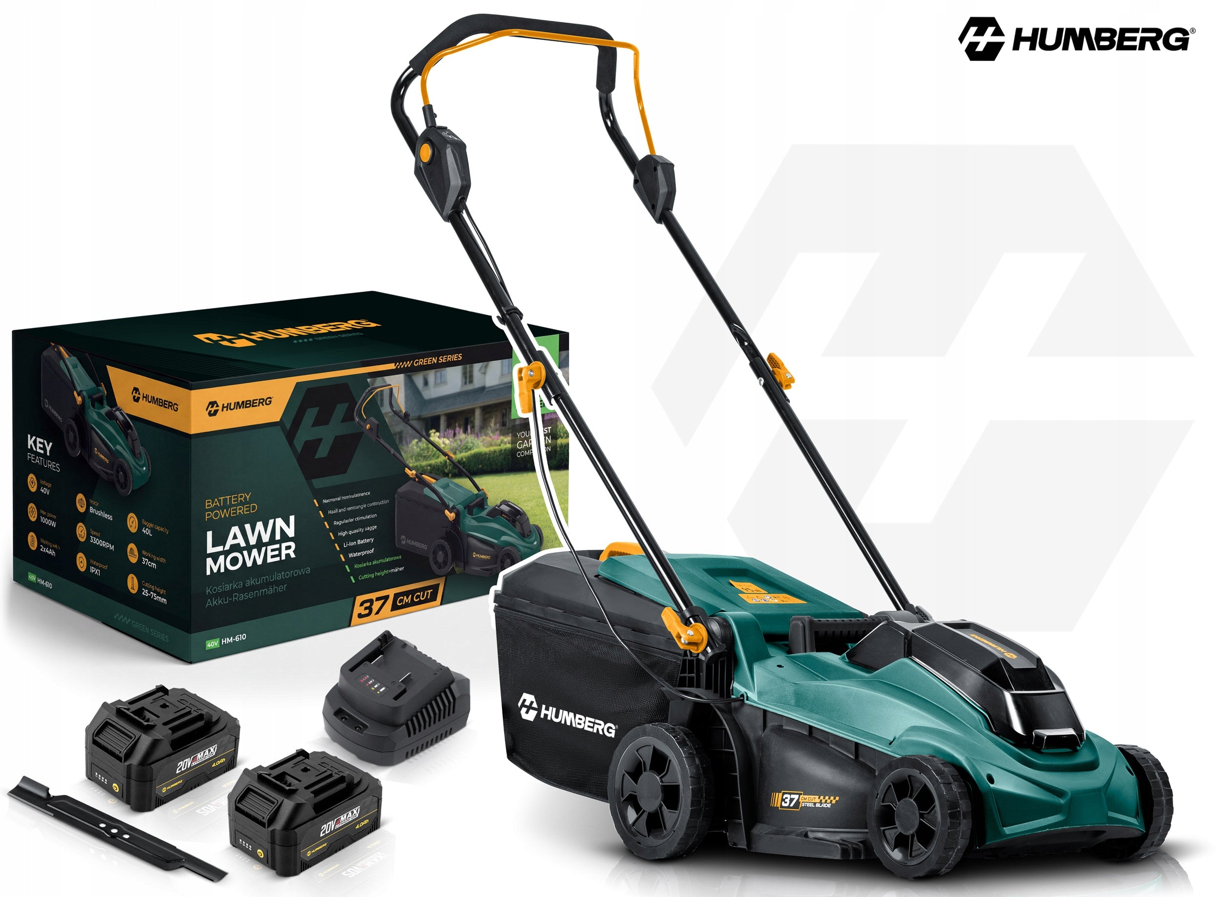 BRUSHLESS CORDLESS MOWER 2 AKU LIGHTWEIGHT STRONG 1000W 37cm HUMBERG Packaging status original