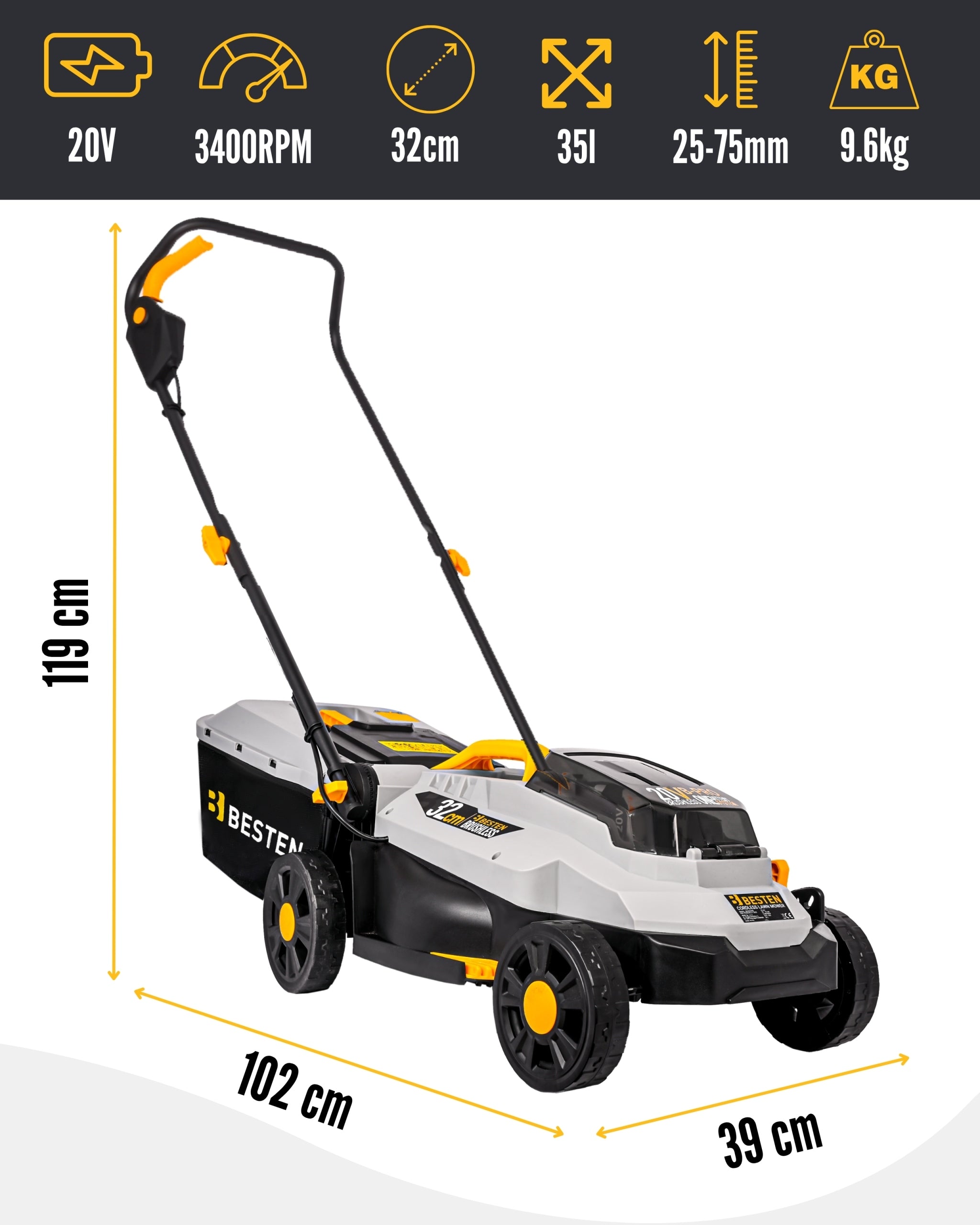 BRUSHLESS CORDLESS MOWER 32CM FOR GRASS 35L AKU 6AH STRONG BESTEN Packaging status original