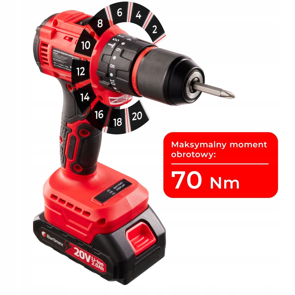 BRUSHLESS Screwdriver 20V 2x2,0Ah SET Bartimex BT-CD-20M Battery capacity 2 Ah