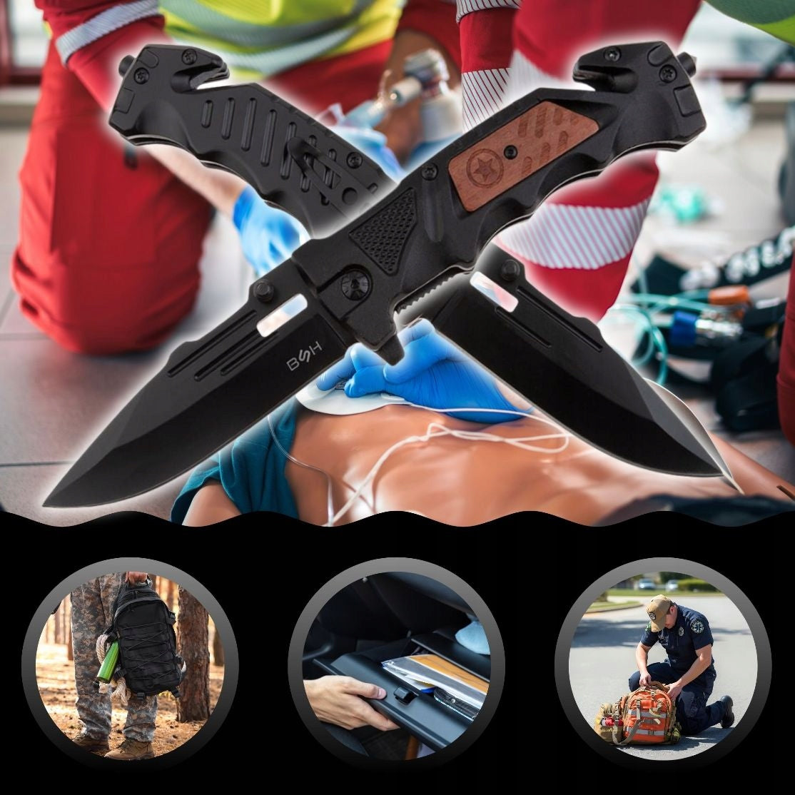 BSH RESCUE SPRING KNIFE SURIVAL ARMY POCKET KNIFE AUTOMATIC 23,5 cm Packaging status original