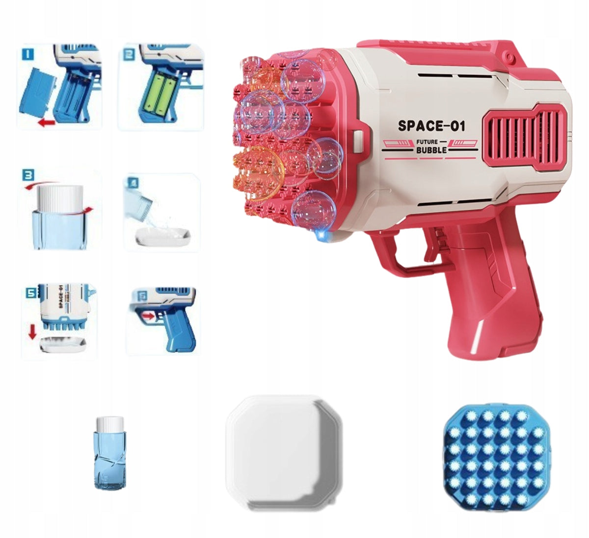 BUBBLE GUN 32 Holes BUBBLE MACHINE BATTERY OPERATED + LIQUID Red Manufacturer code PISTOLET NA BAŃKI + 560ml płyn DO BANIEK